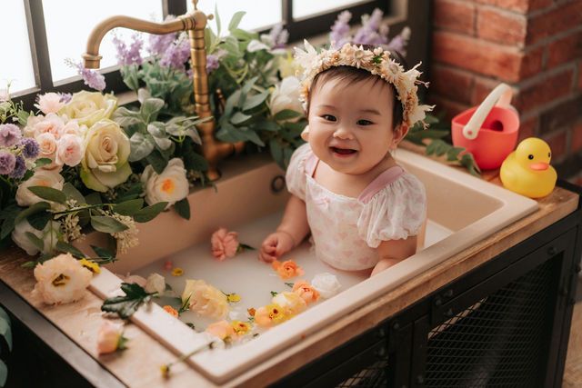 Smiling baby girl in floral crown sitting in a decorated sink with flowers and rubber duck.