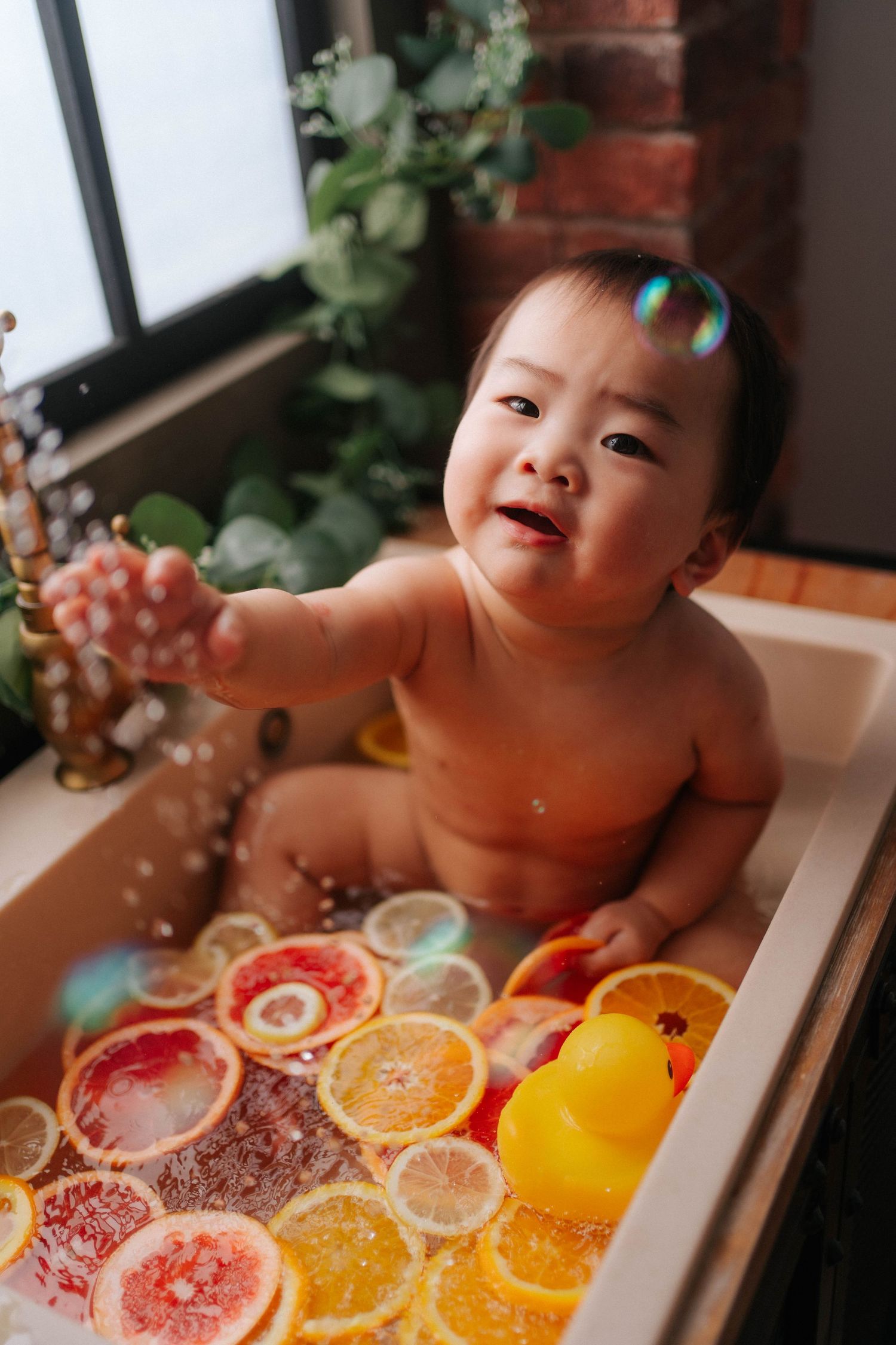 Happy Asian baby sitting in a bathtub filled with citrus fruit slices and a yellow rubber duck快樂的亞洲寶寶坐在裝滿柑橘片和黃色橡皮鴨的浴缸裡。