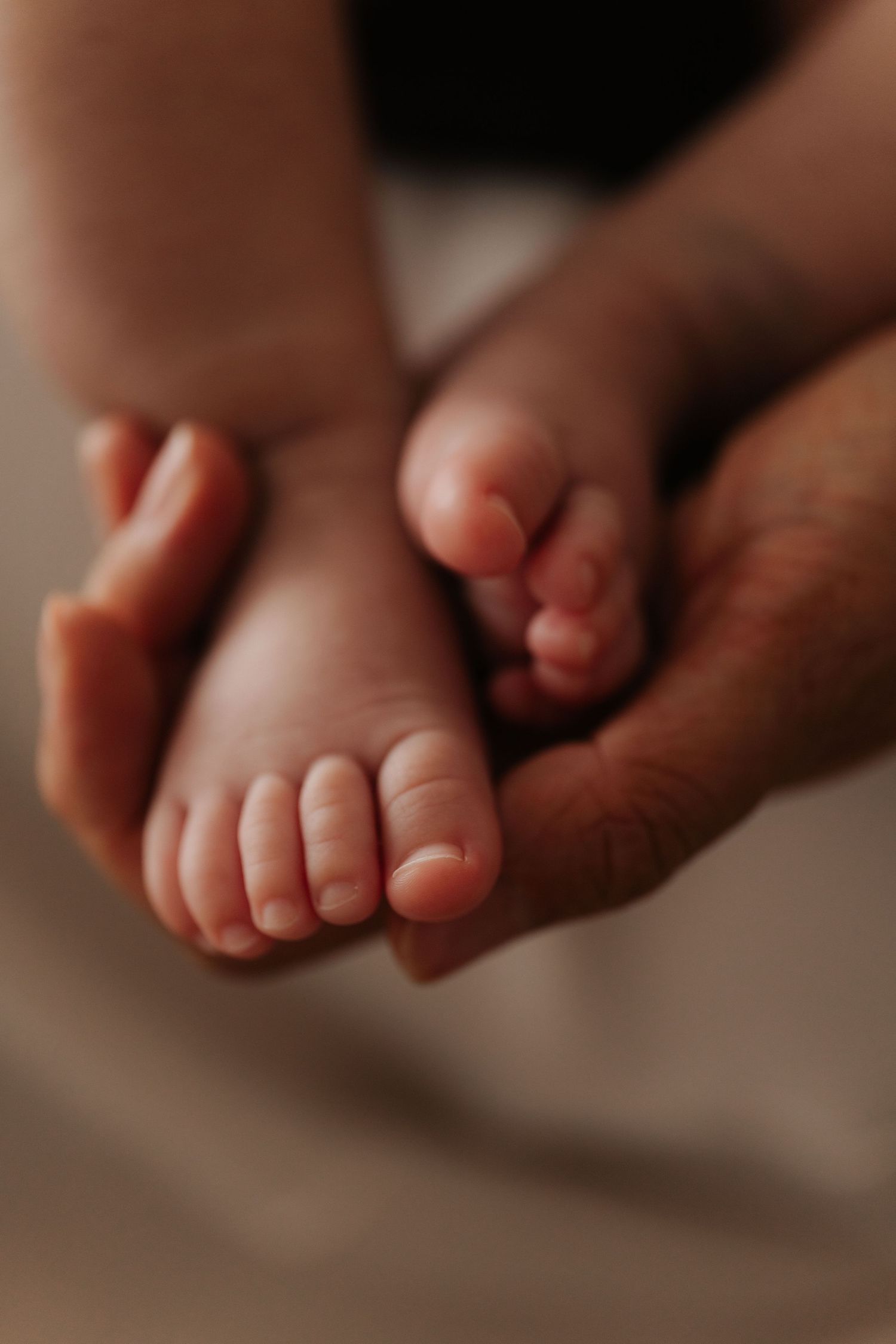 A series of small baby feet lined up in a row against a neutral beige background creating a minimalist composition.一排小小的嬰兒腳丫排列在米色背景上