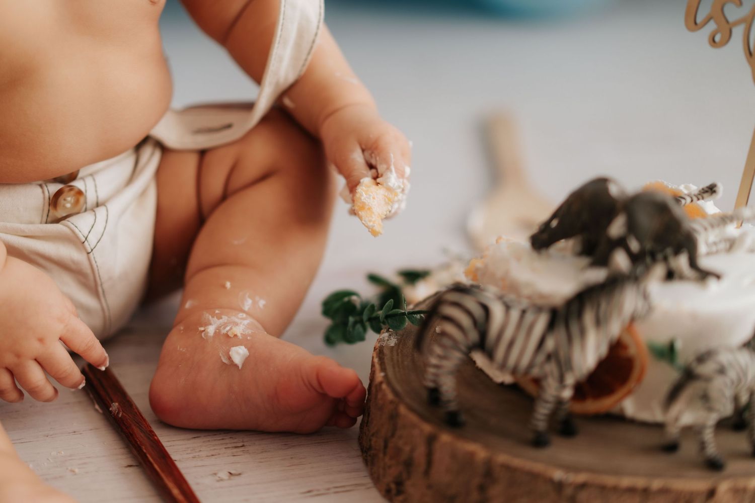 Baby sitting next to safari animal toys on a wooden log slice during a first birthday cake smash celebration.寶寶坐在木片上，旁邊有 動物玩具，正在慶祝一歲生日