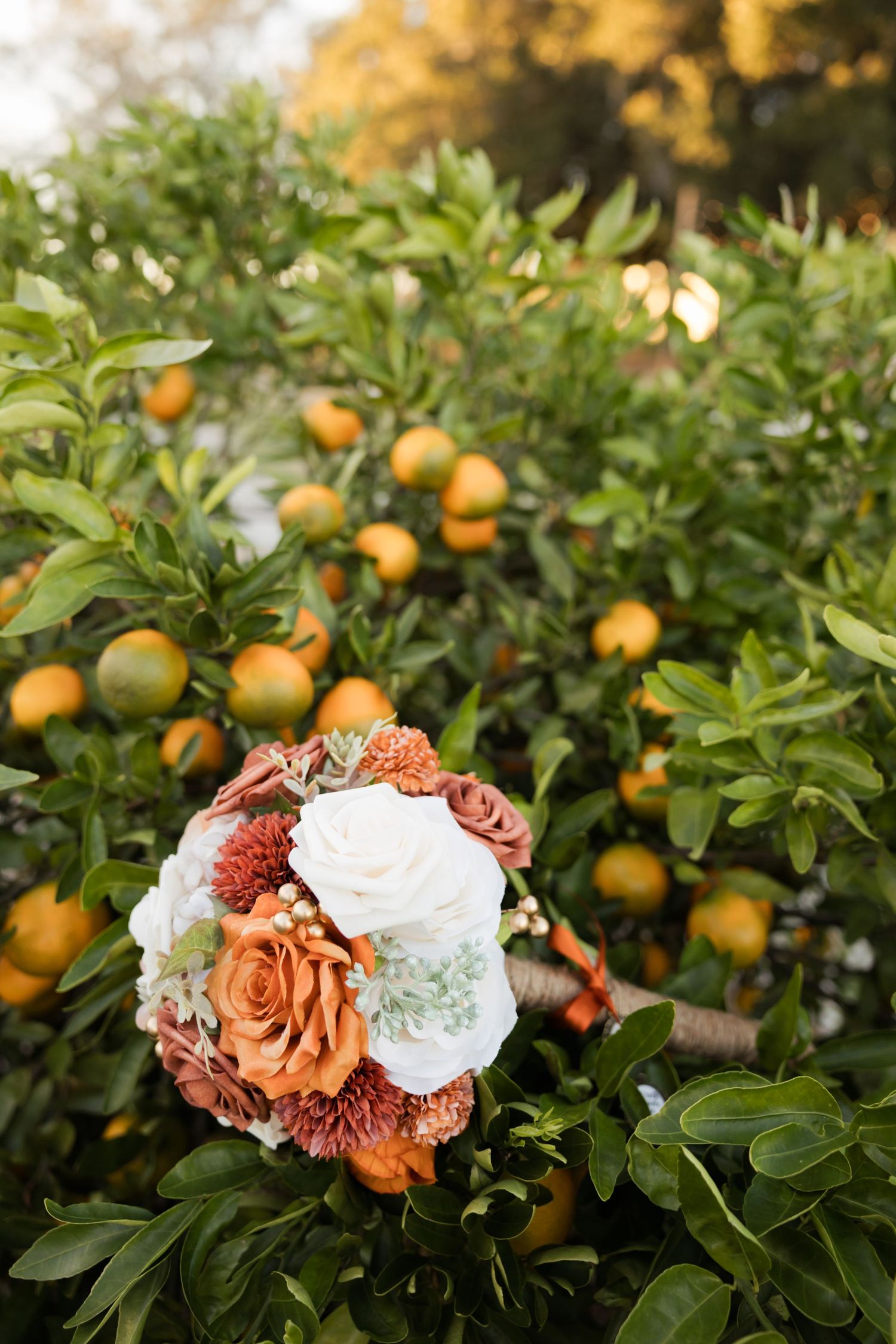 Orange and white floral arrangements nestled among citrus trees in a garden.