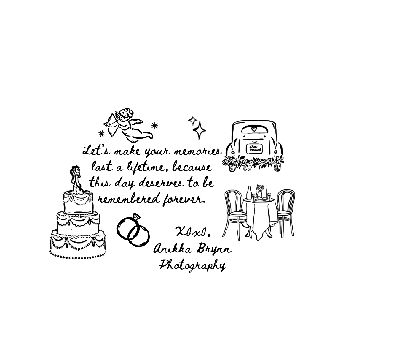 Delicate wedding illustrations with handwritten text and romantic symbols.