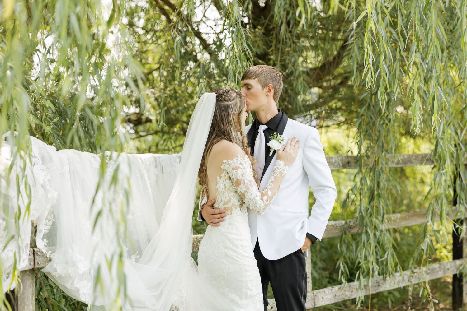 Bride and groom sharing romantic kiss under weeping willow tree by white fence at outdoor wedding.