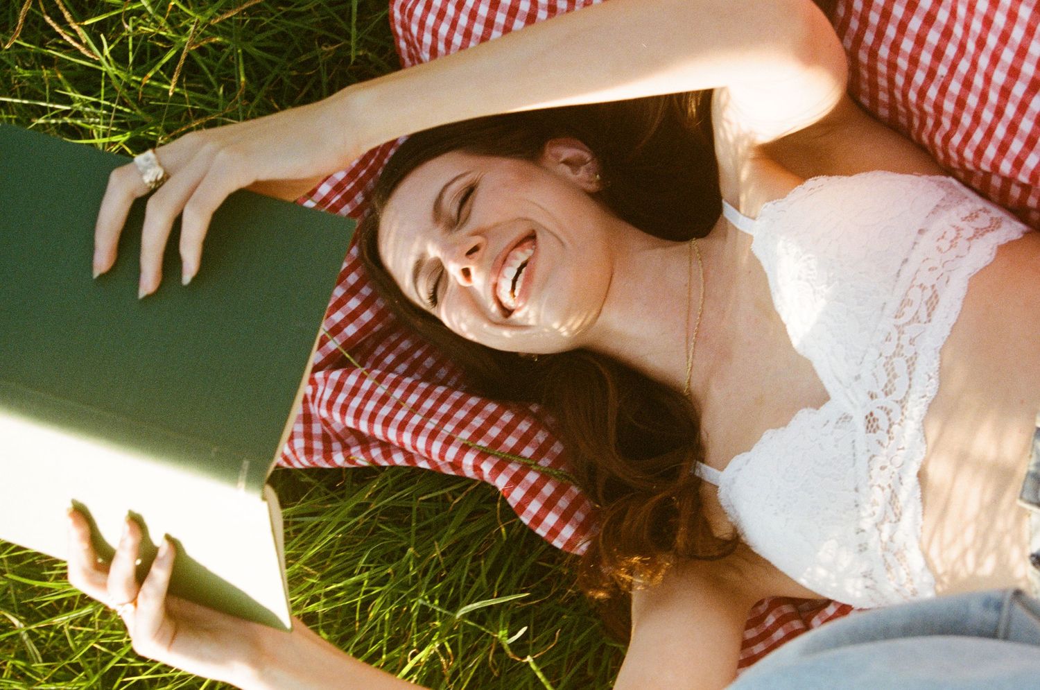 A joyful summer portrait on a red and white checkered blanket in the grass.