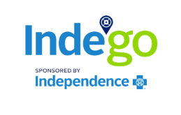 Indego bike share program logo sponsored by Independence Blue Cross, featuring blue and green branding.