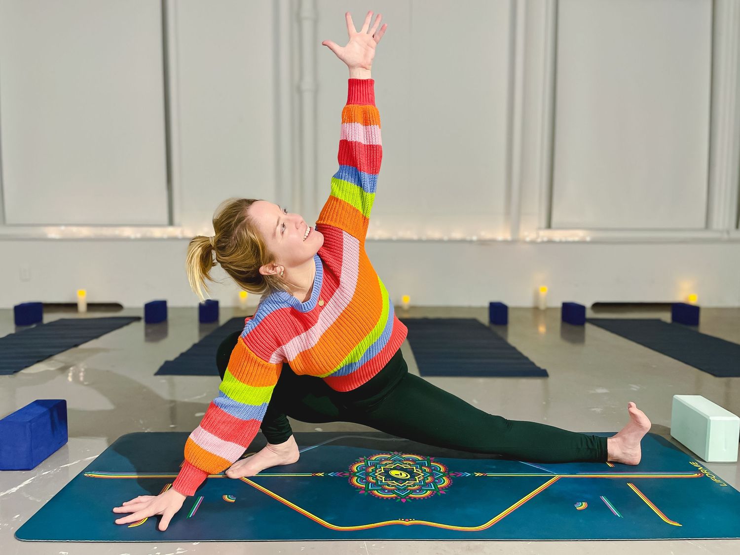 Series of yoga poses demonstrated on a blue exercise mat indoors.