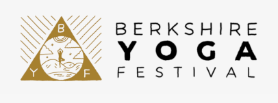 Gold triangle logo with yoga figure and text Berkshire Yoga Festival on white background.