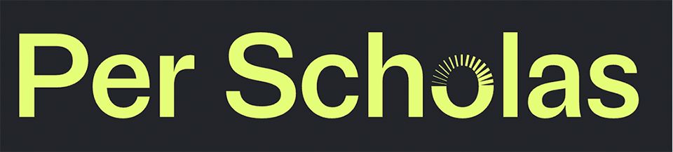 Per Scholas logo in bright yellow-green text on a dark navy background, with a sunburst design replacing the letter o in Scholas.