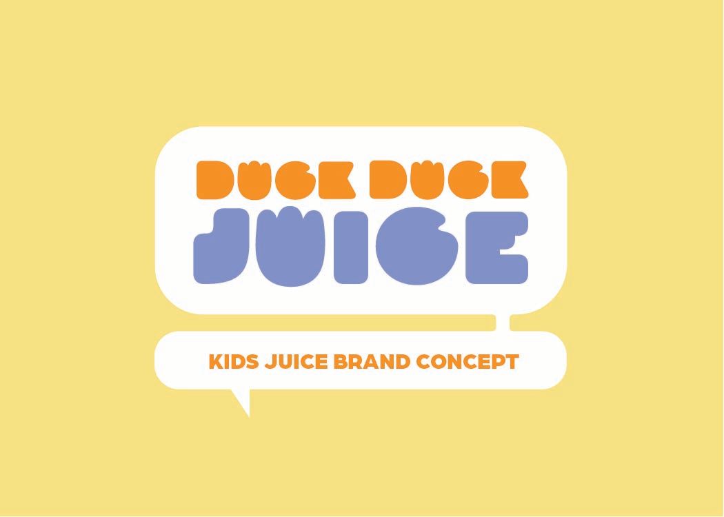 Duck Duck Juice kids juice brand concept logo in orange and purple on a cheerful yellow background.
