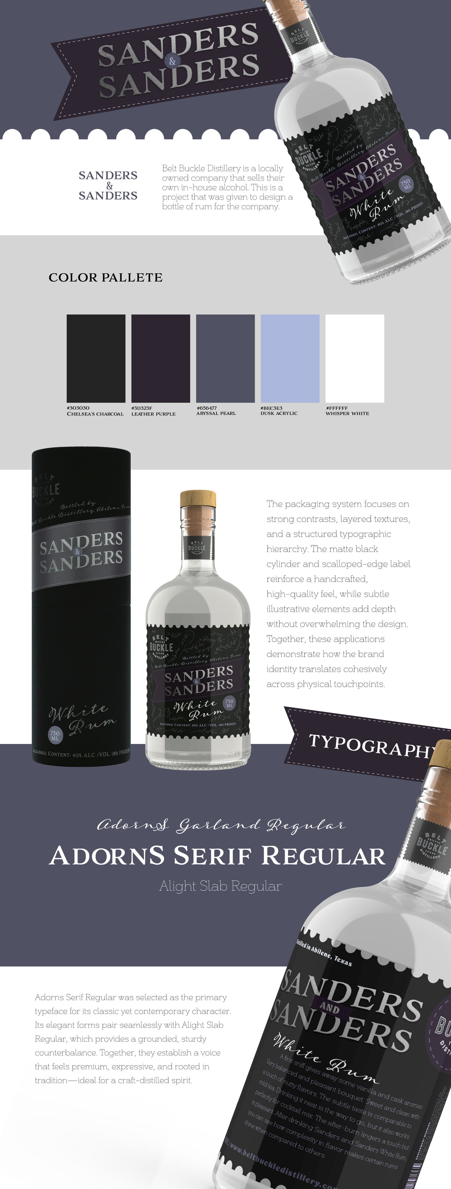Sanders and Sanders White Rum brand identity showcasing bottle packaging, label design, and typography.