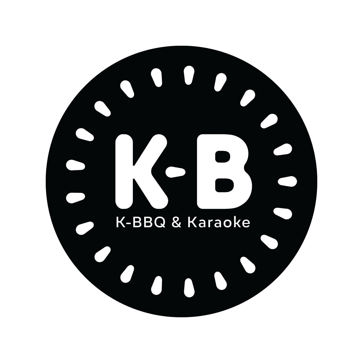 Black circular logo with white dashed border and bold K-B lettering above the text K-BBQ & Karaoke.