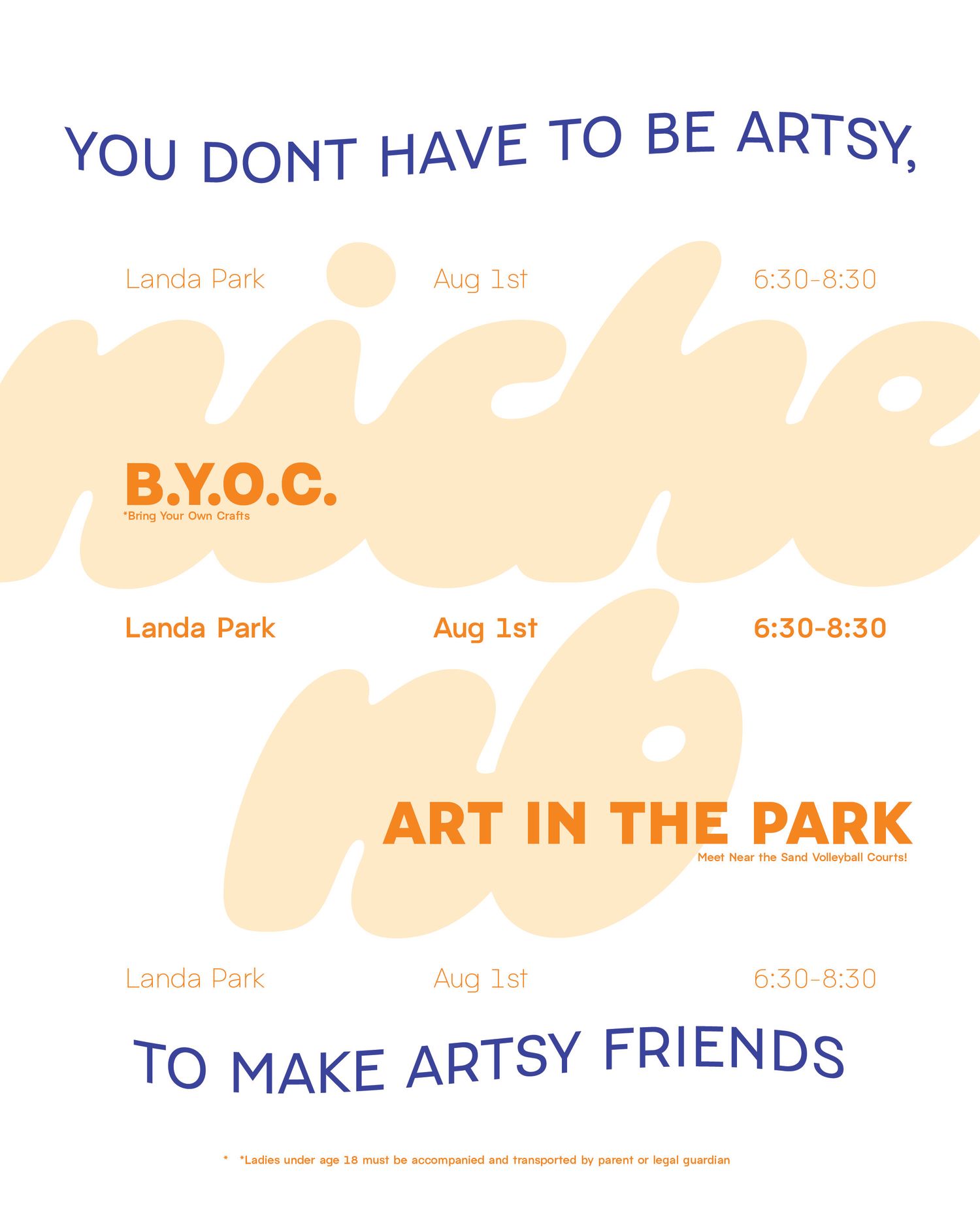 Flyer for Niche NB Art in the Park event at Landa Park on August 1st from 6:30-8:30 PM.