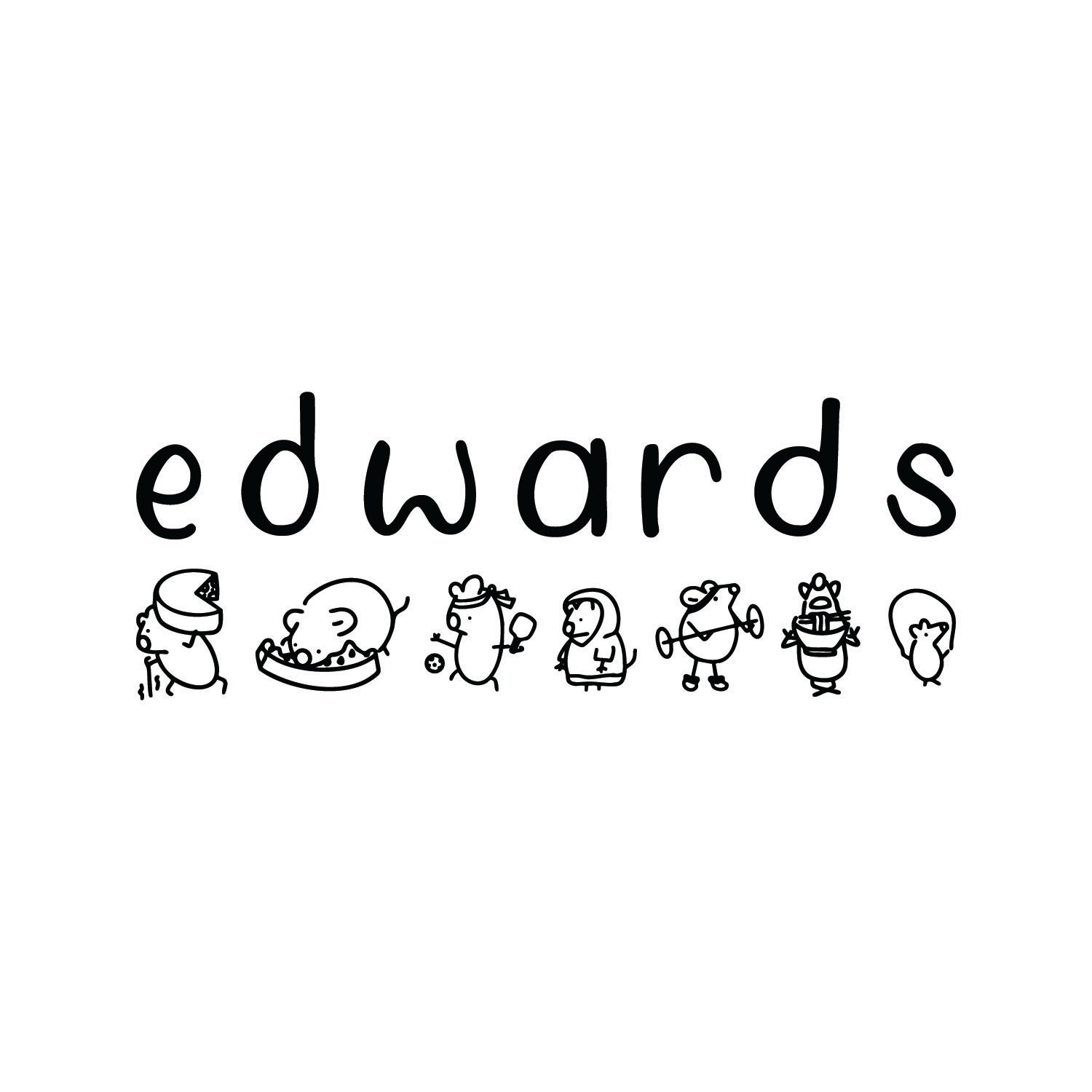 Edwards logo in black handwritten lettering above a row of seven small, quirky hand-drawn cartoon characters.