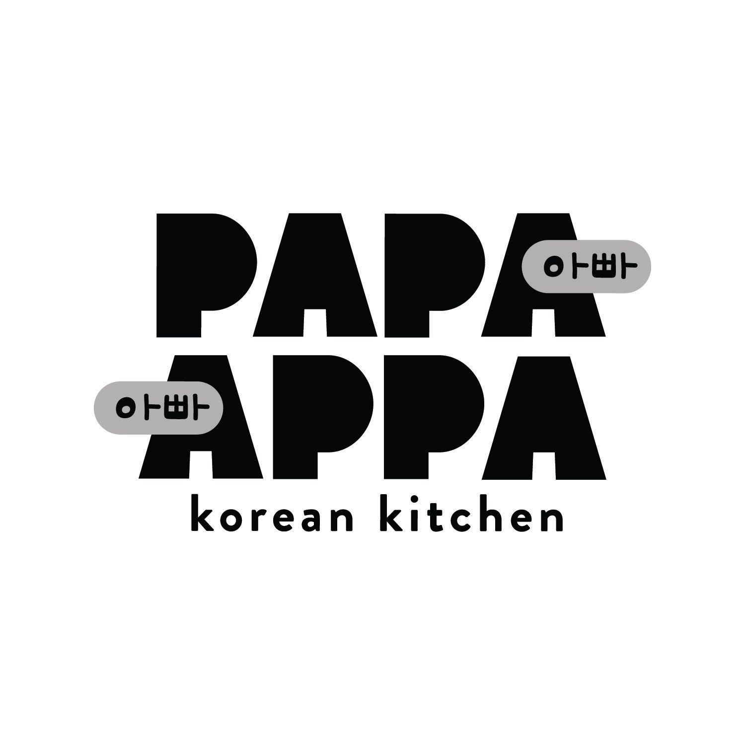 Bold black Papa Appa Korean Kitchen logo with Korean hangul characters in gray speech bubbles on a white background.