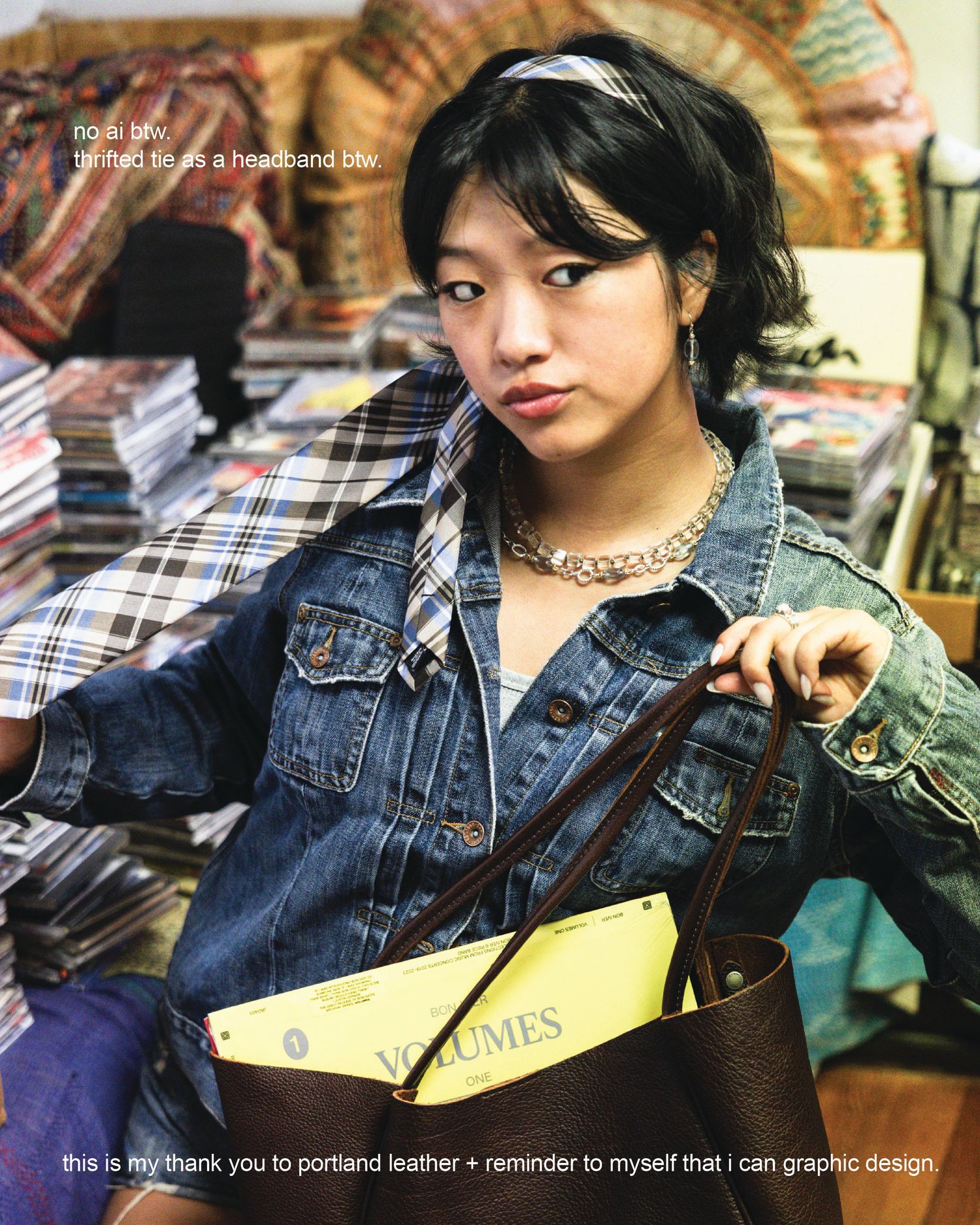 Young woman in denim jacket wearing a thrifted tie as headband, holding a leather tote bag in a bookstore.