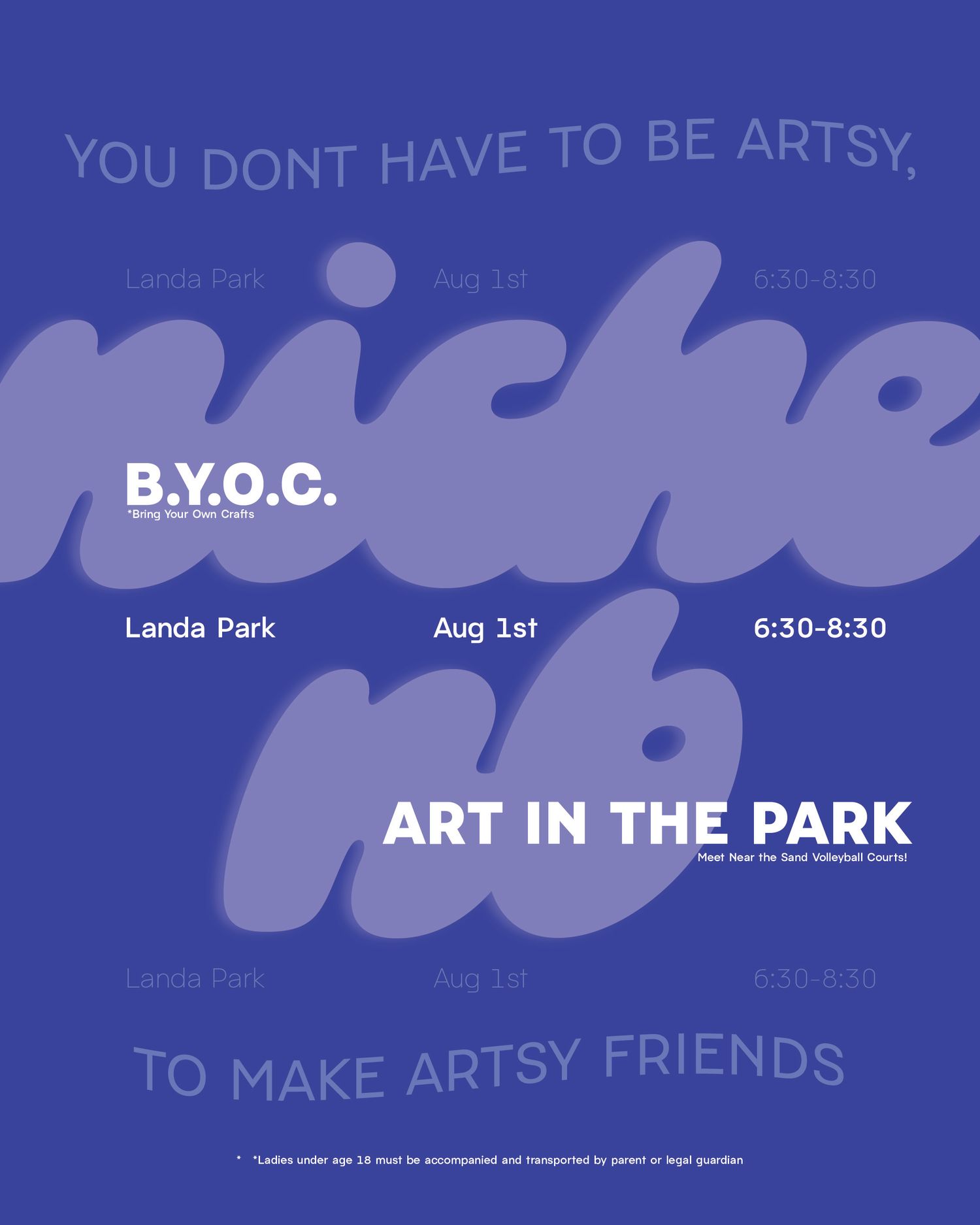 Purple flyer for Niche Art in the Park event at Landa Park on Aug 1st, 6:30-8:30, with B.Y.O.C. bring your own chair.