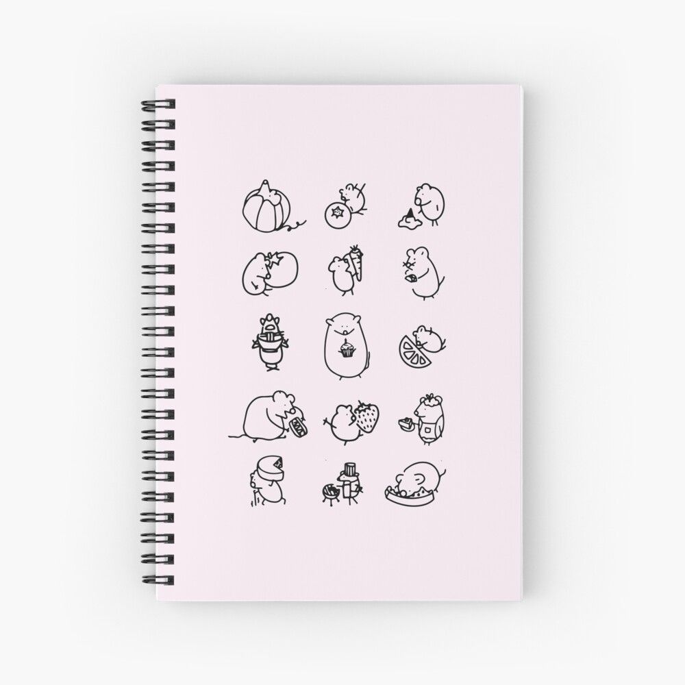 Pink spiral notebook cover featuring a grid of cute minimalist hamster character illustrations in black ink.