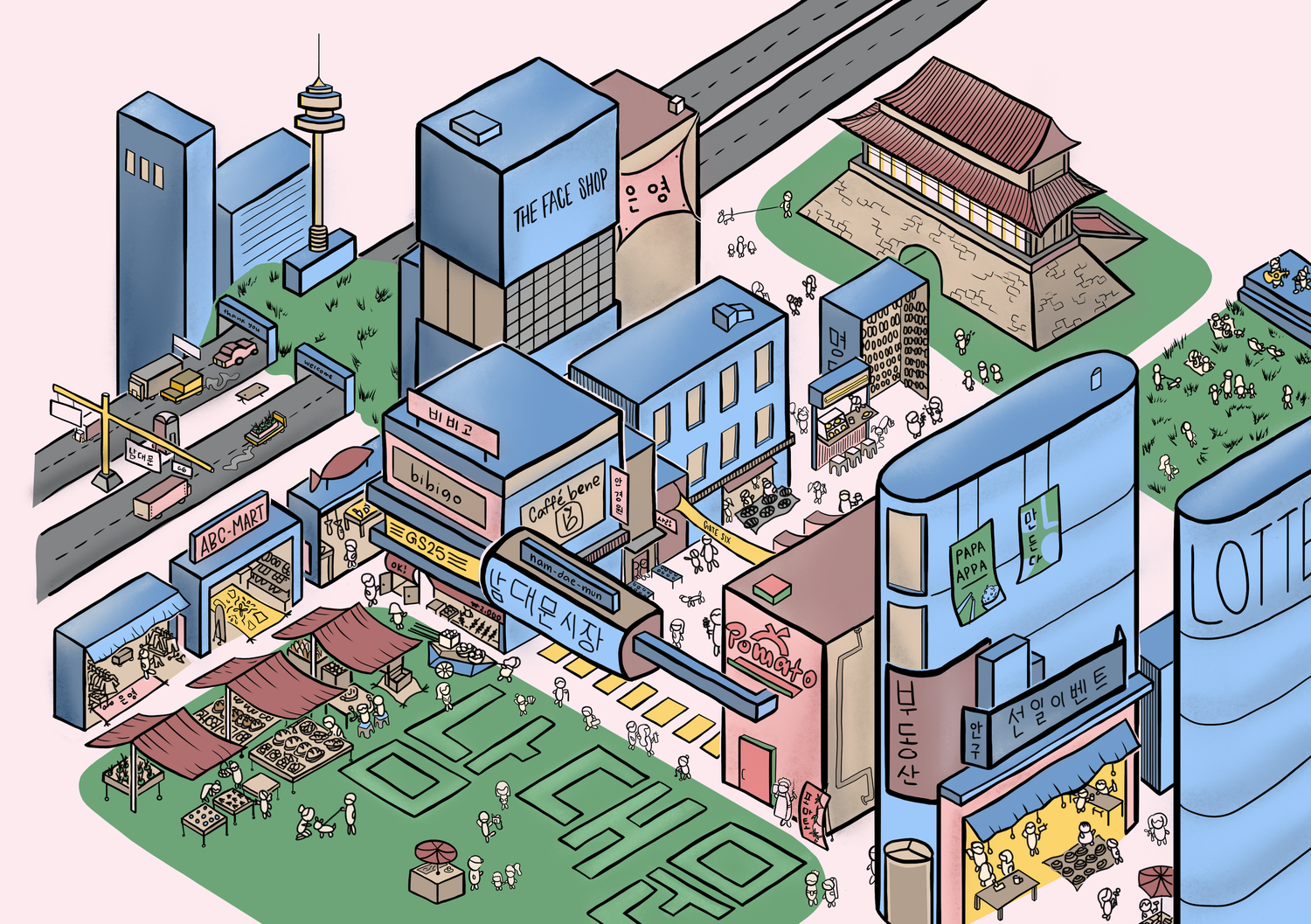 Colorful isometric illustration of a bustling Asian city with shops, transit, tower, and temple landmarks.