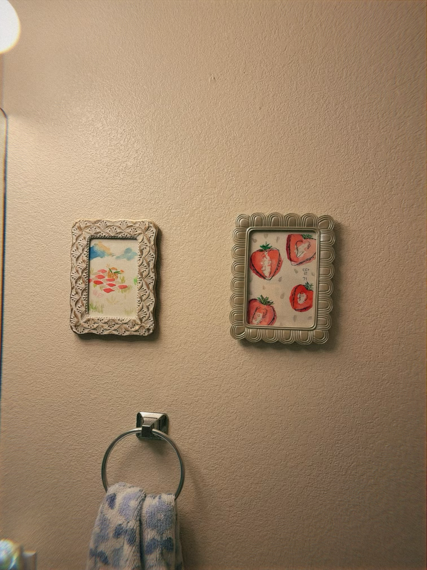 Two framed artworks on a beige bathroom wall, one showing strawberries and one with a colorful scene, above a chrome towel ring.
