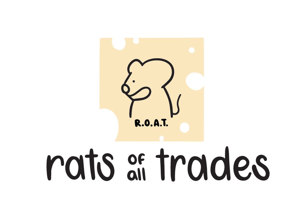Rats of All Trades logo featuring cute cartoon rat on cheese block illustration.
