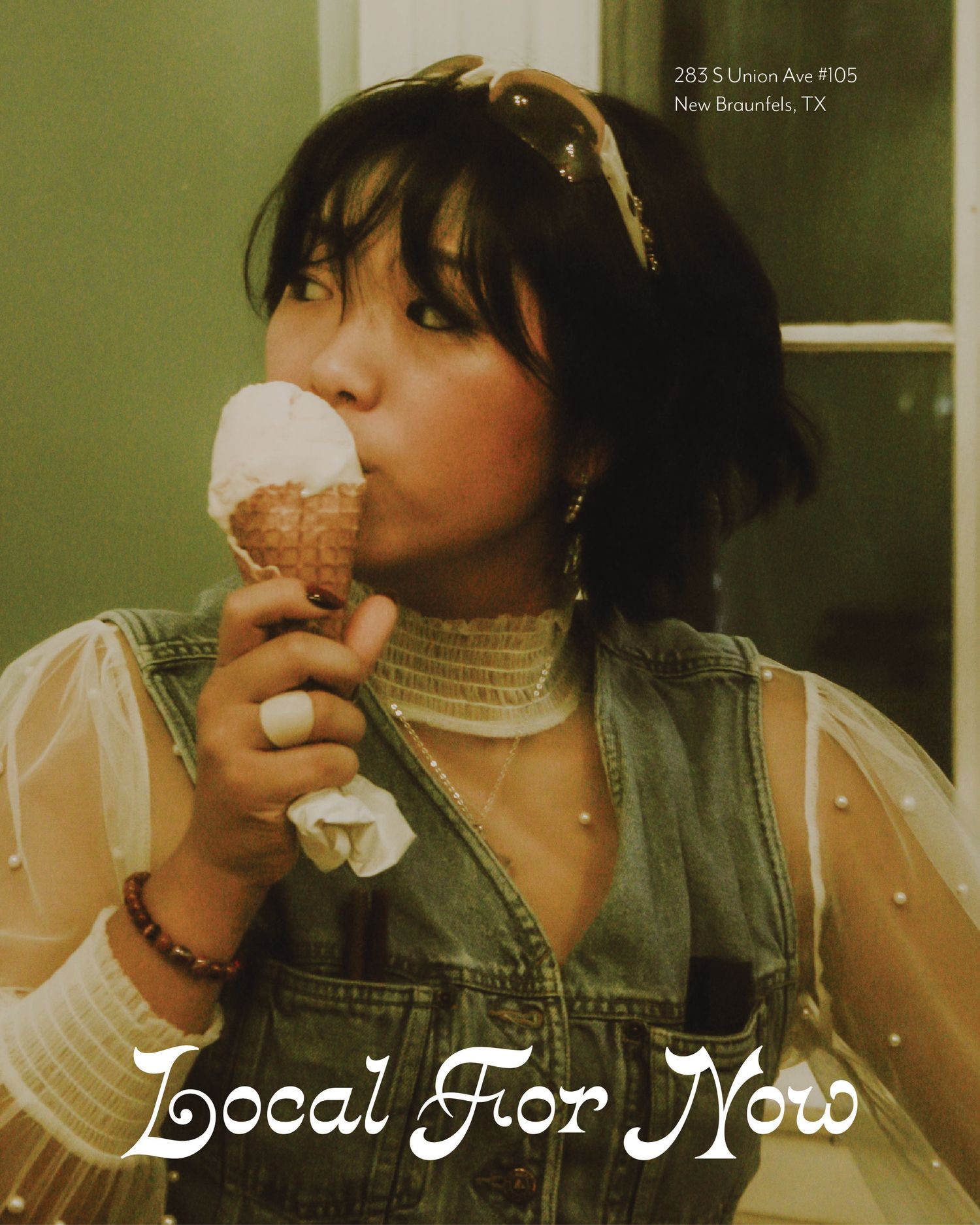 Young woman enjoying an ice cream cone at Local For Now shop, 285 S Union Ave, New Braunfels, TX.