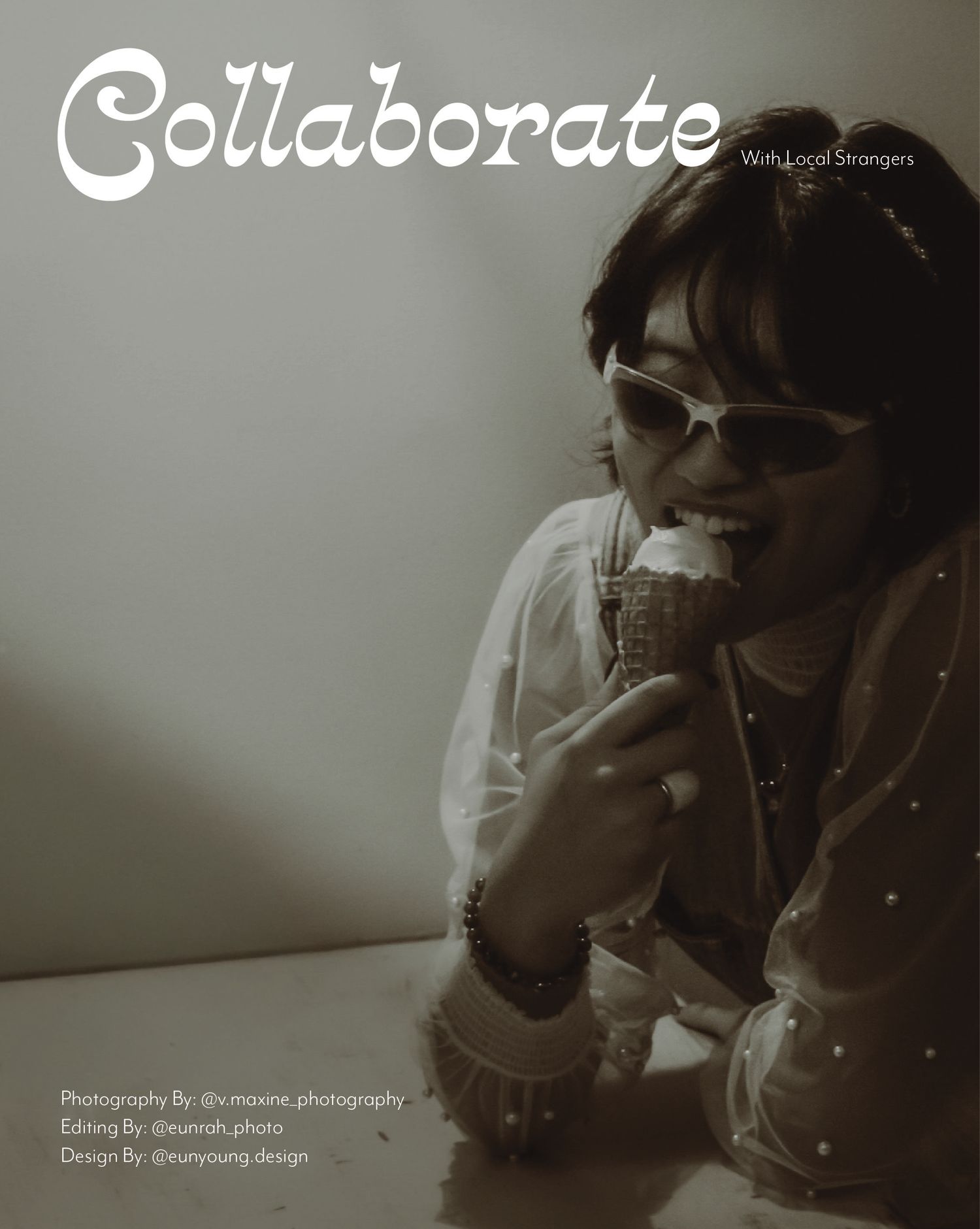 A person eating an ice cream cone featured on a sepia-toned collaborative photography magazine cover titled Collaborate.