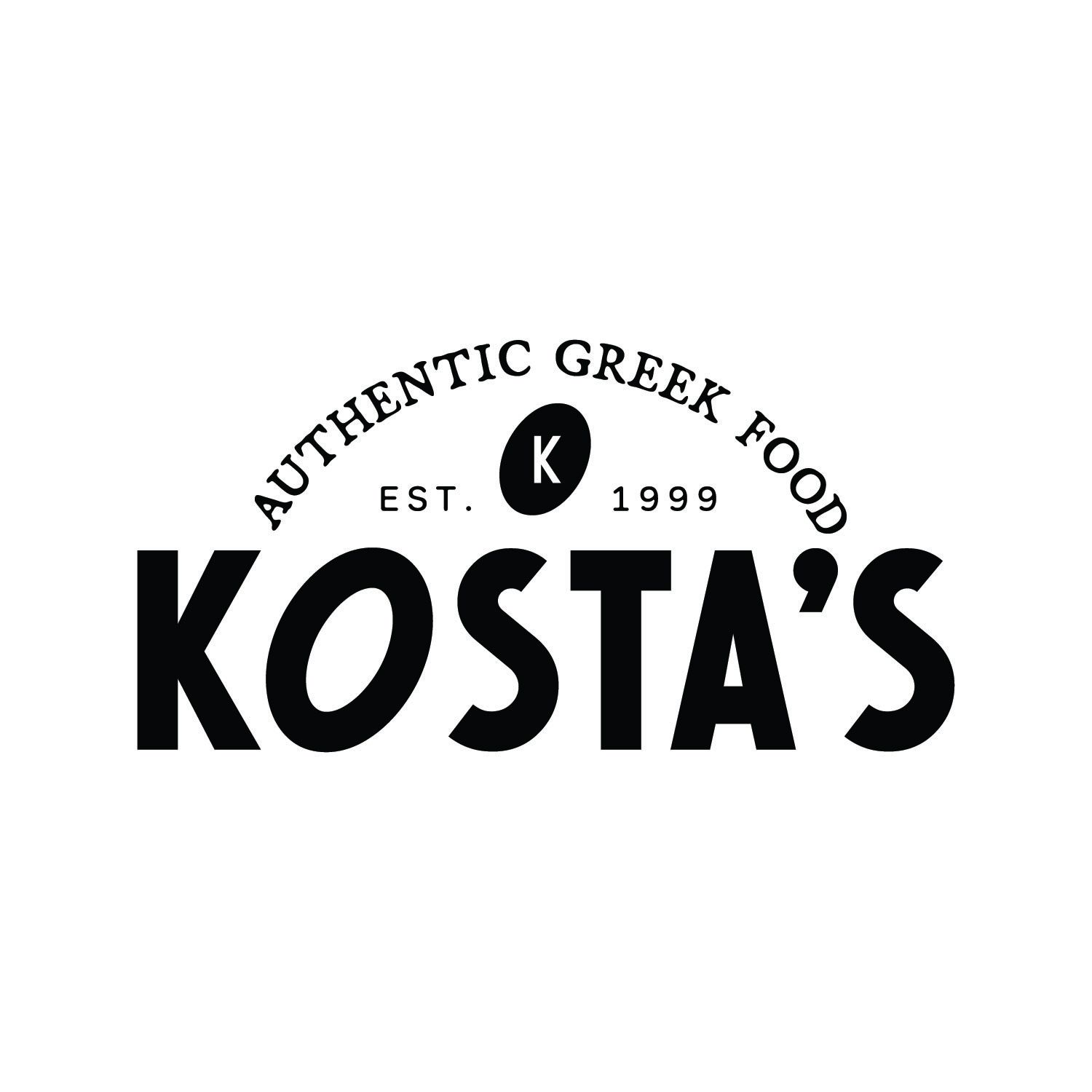 Black Kosta's logo with the tagline Authentic Greek Food, Est. 1999, and a circled K emblem arched above bold lettering.