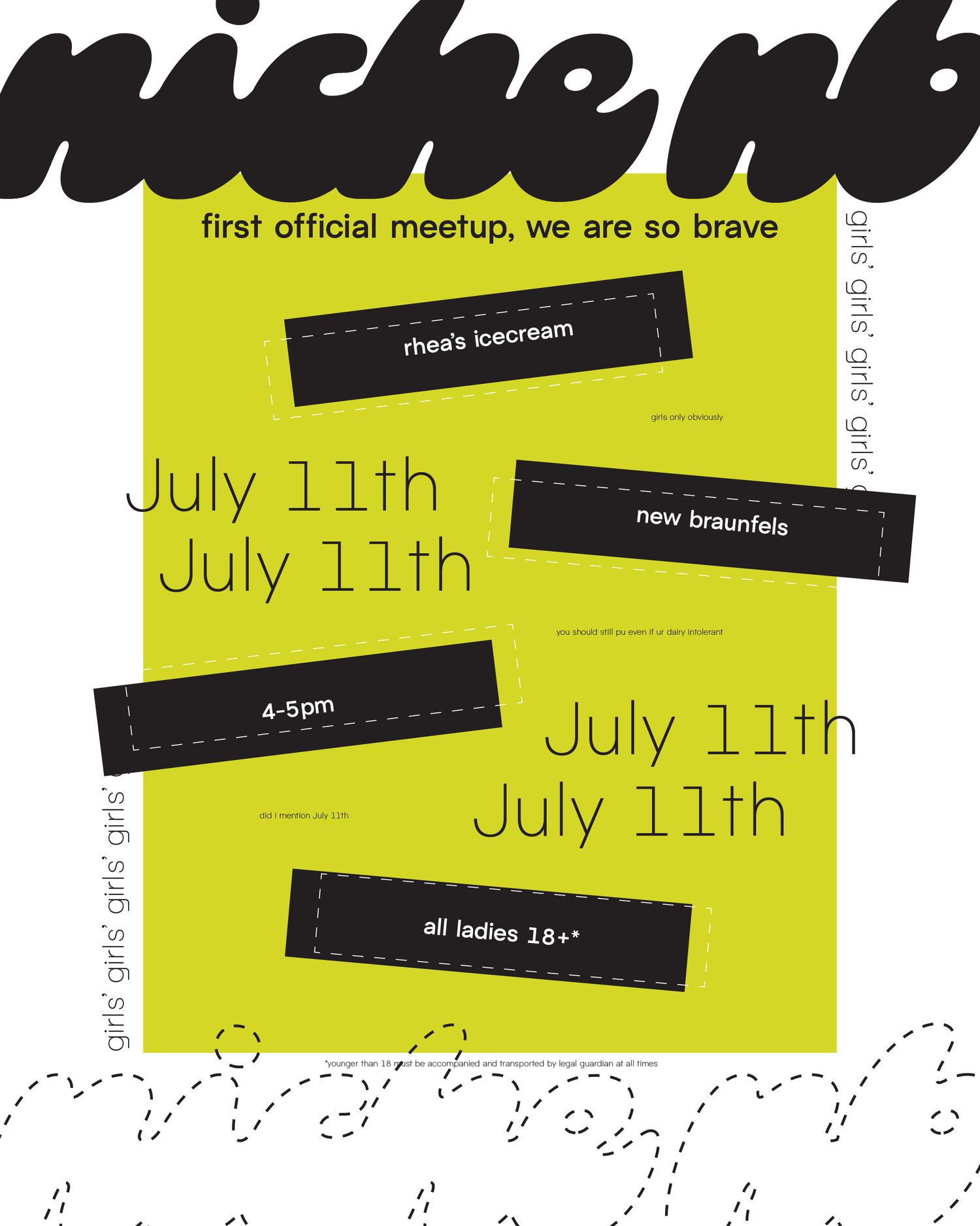 Niche NB first official meetup flyer for July 11th, 4-5pm at Rhea's Ice Cream in New Braunfels, all ladies 18+.