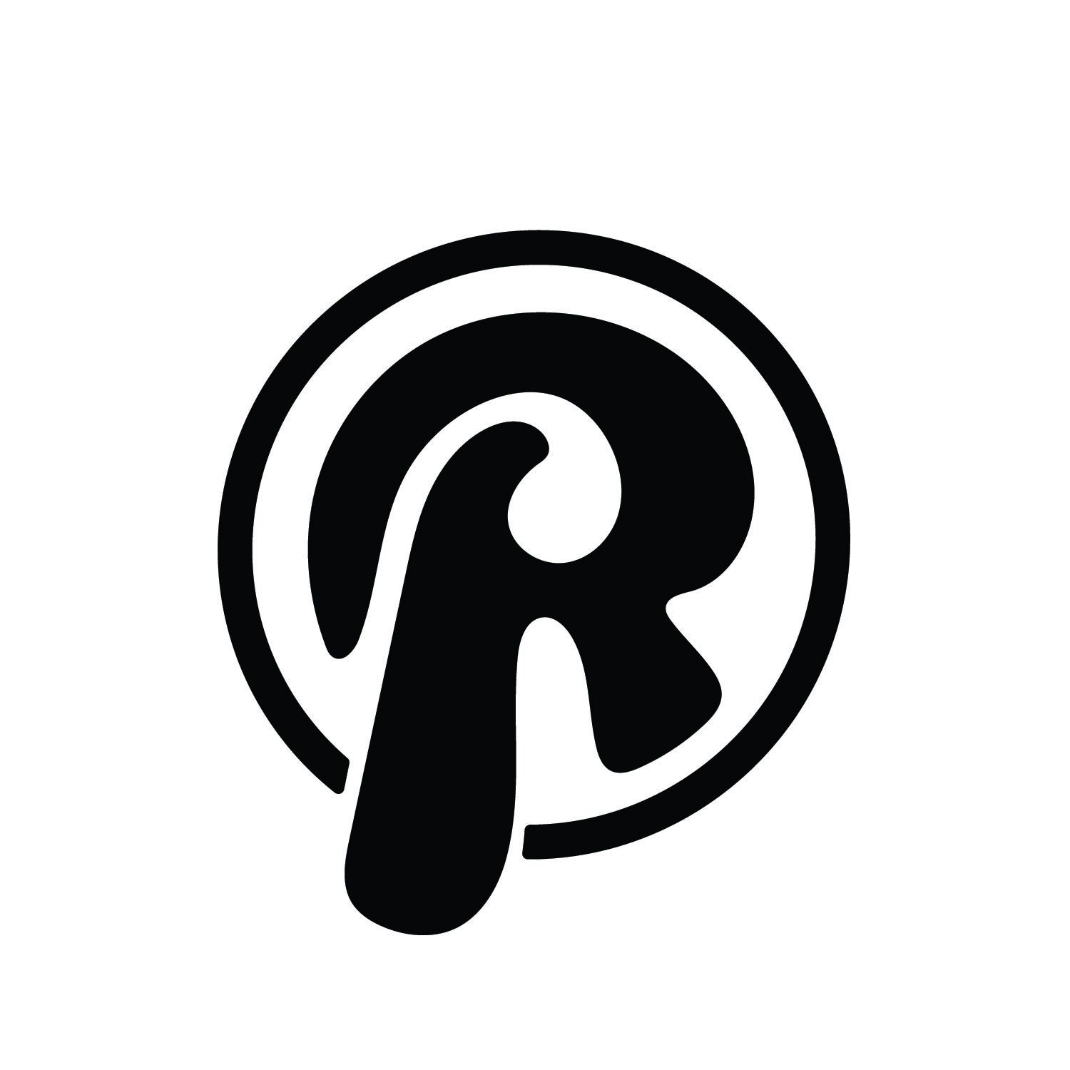 Black retro-style letter R logo with a curled stem inside a circular ring on a white background.