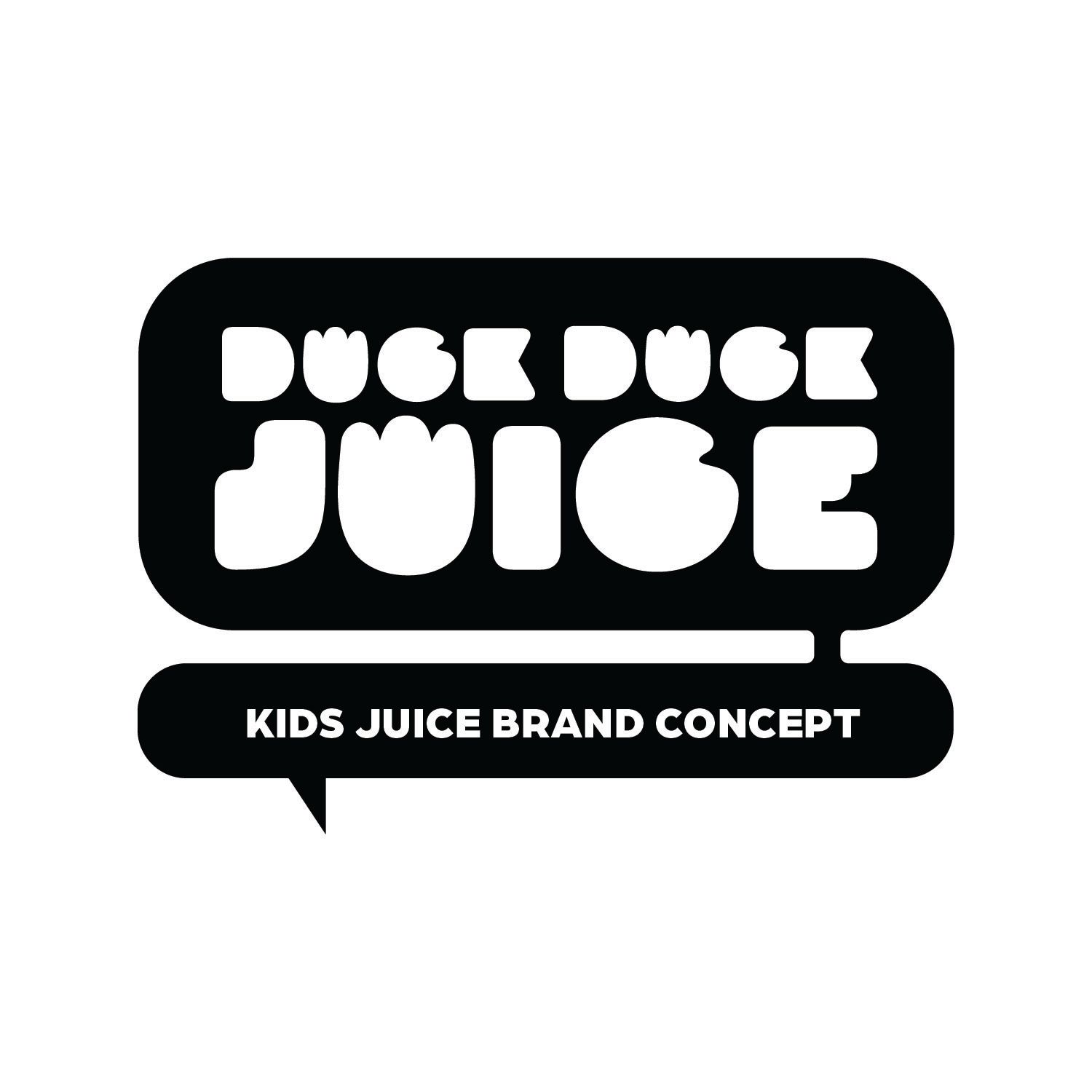 Black speech bubble logo reading Duck Duck Juice with the tagline Kids Juice Brand Concept in a smaller bubble below.