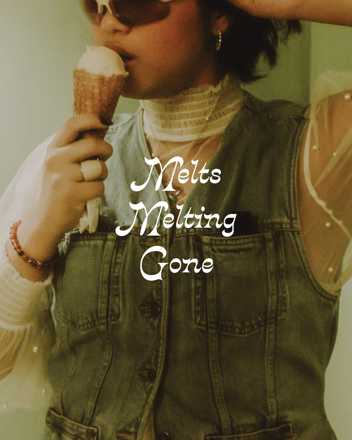 A young woman in a denim vest eats a waffle cone ice cream, with text overlay reading Melts, Melting, Gone.