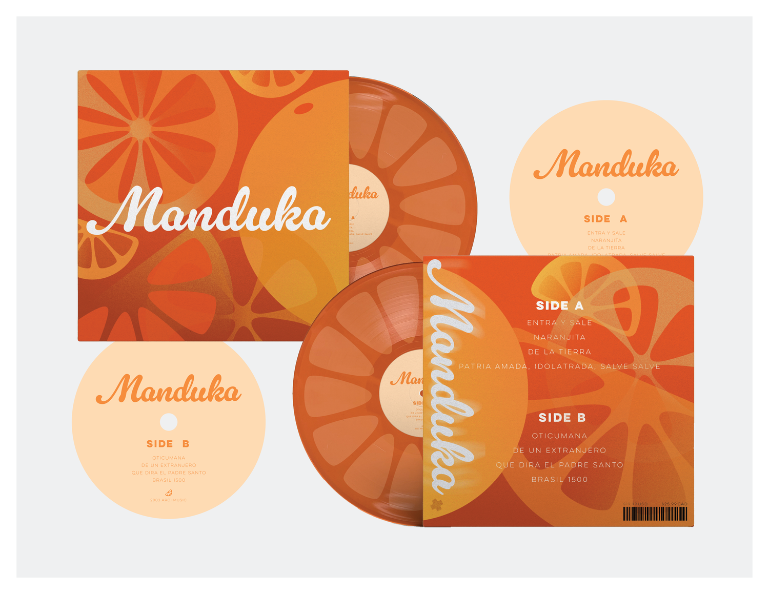 Manduka orange vinyl record album packaging design featuring citrus slice pattern in warm orange tones.