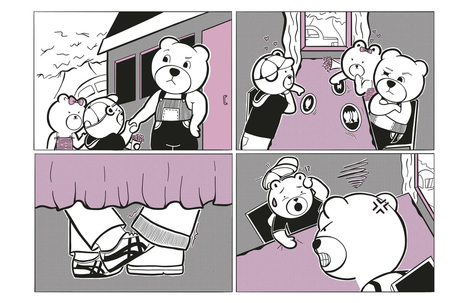 A four-panel black and white comic strip featuring cartoon bears in domestic scenes with pink accents.