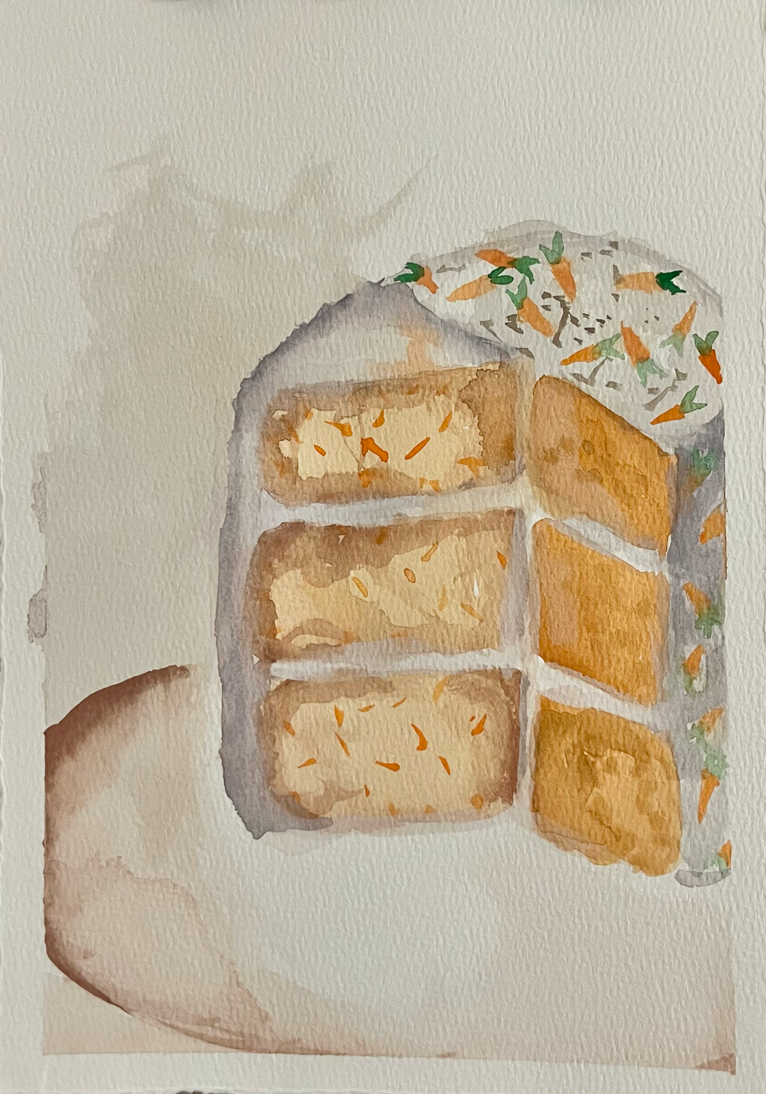 Watercolor painting of a sliced carrot cake showing three layers with cream cheese frosting and carrot decorations on top.