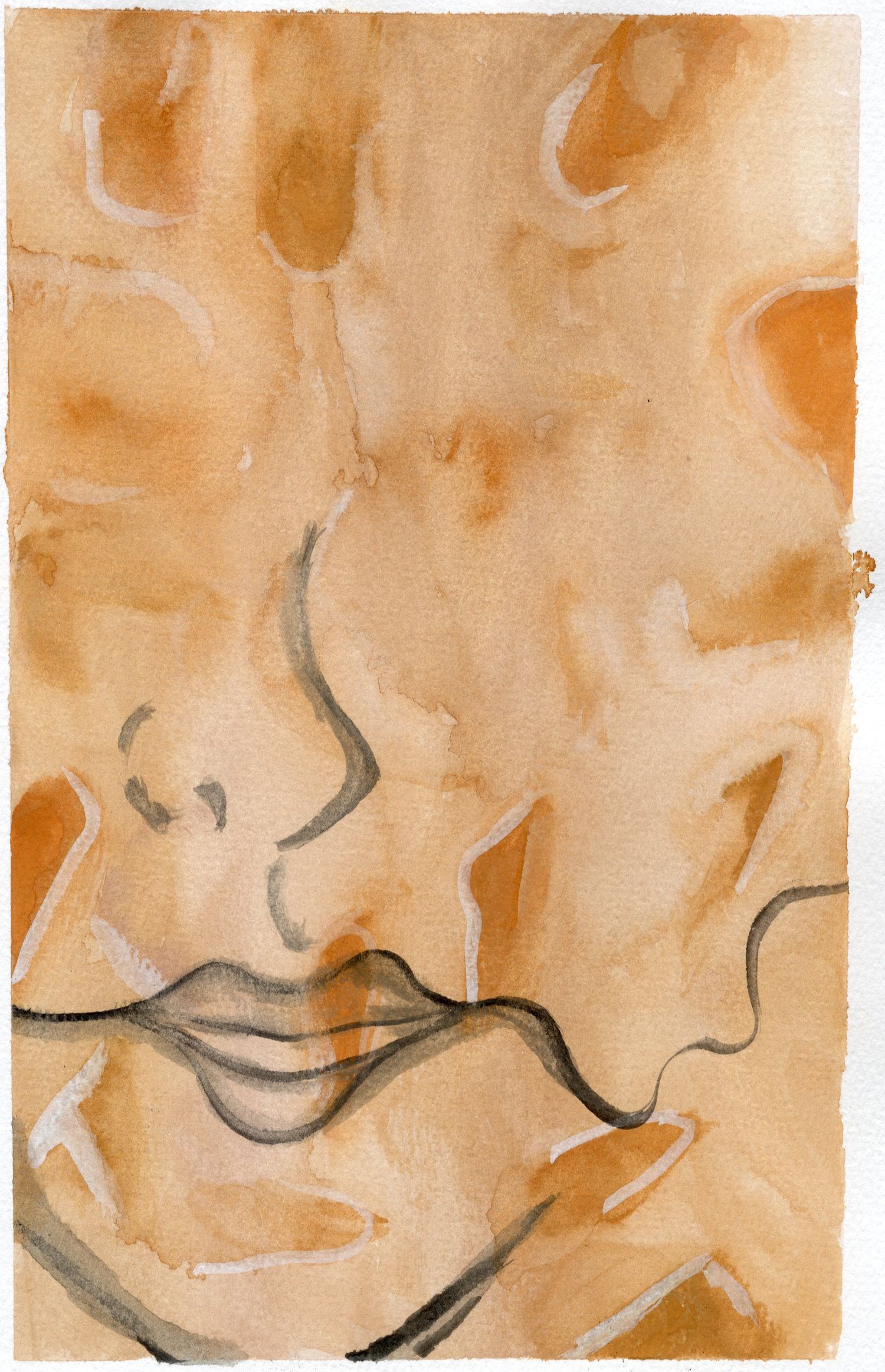 Abstract watercolor painting of a face with loose ink lines depicting nose and lips on warm amber tones.