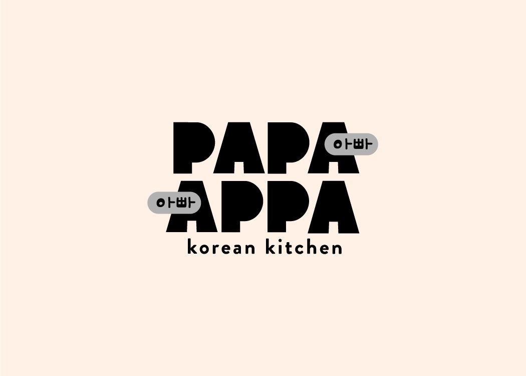 Papa Appa Korean kitchen logo with bold typography and Korean characters on cream background.