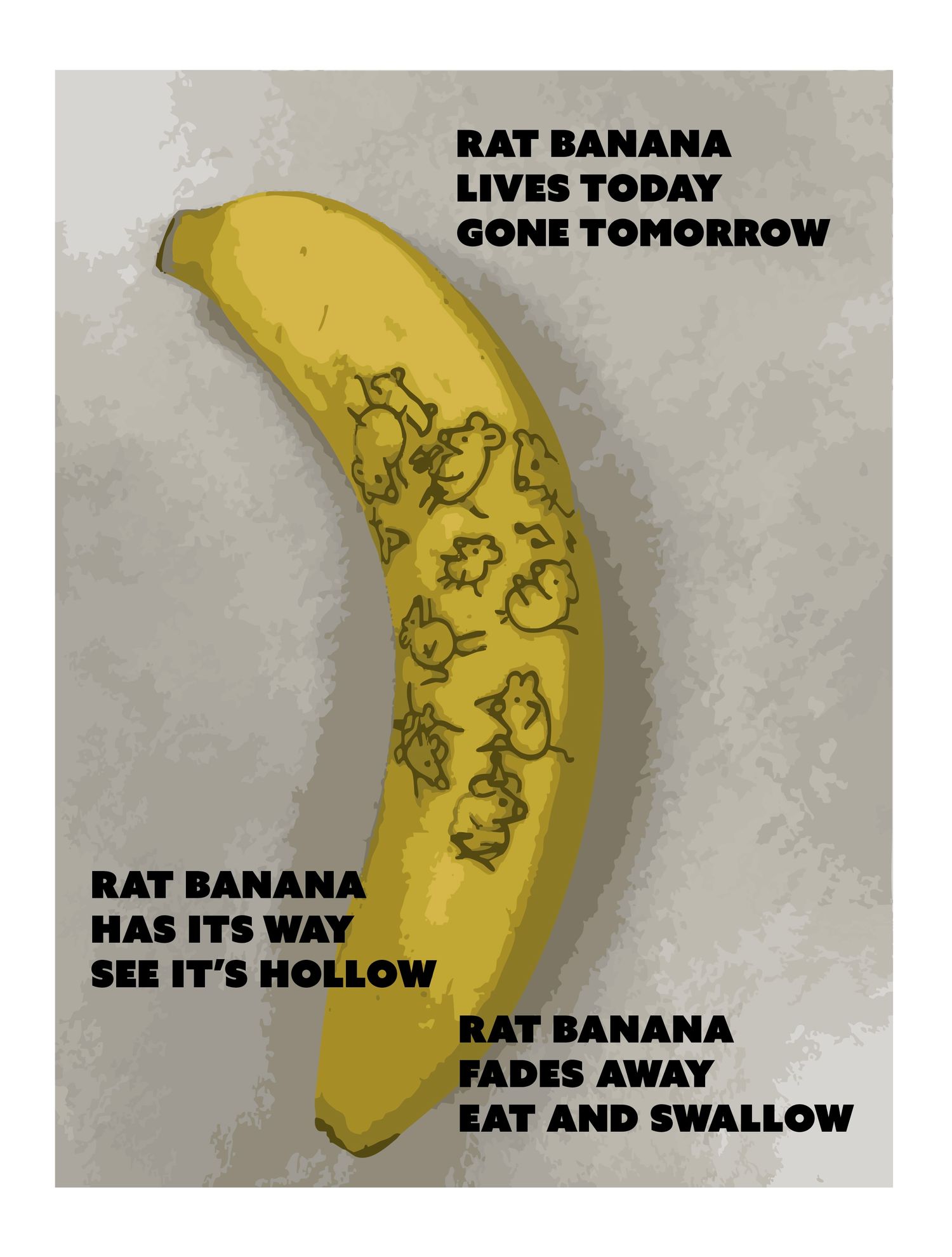Illustrated banana with rat drawings and humorous poem text about Rat Banana on gray background.