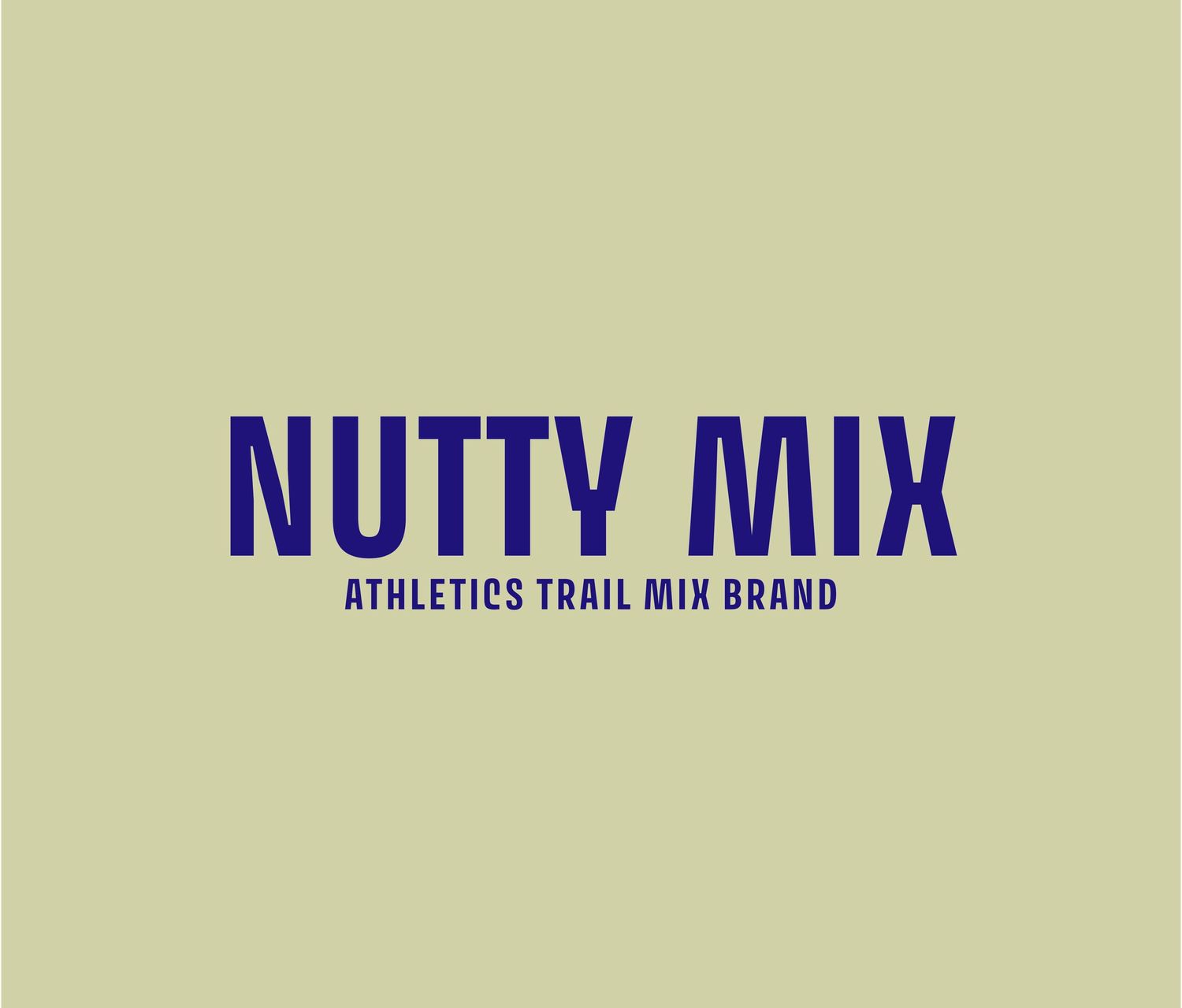 Nutty Mix athletics trail mix brand logo in bold navy blue text on sage green background.
