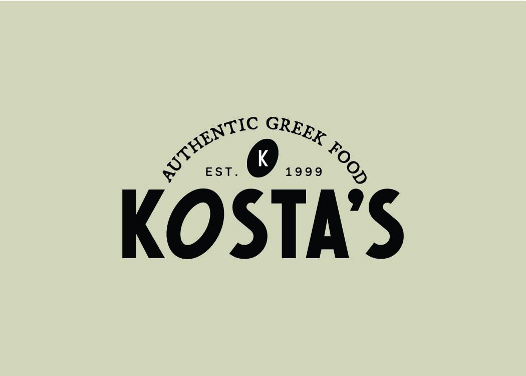 Clean typographic logo design for Kostas Authentic Greek Food restaurant est. 1999 on sage background.