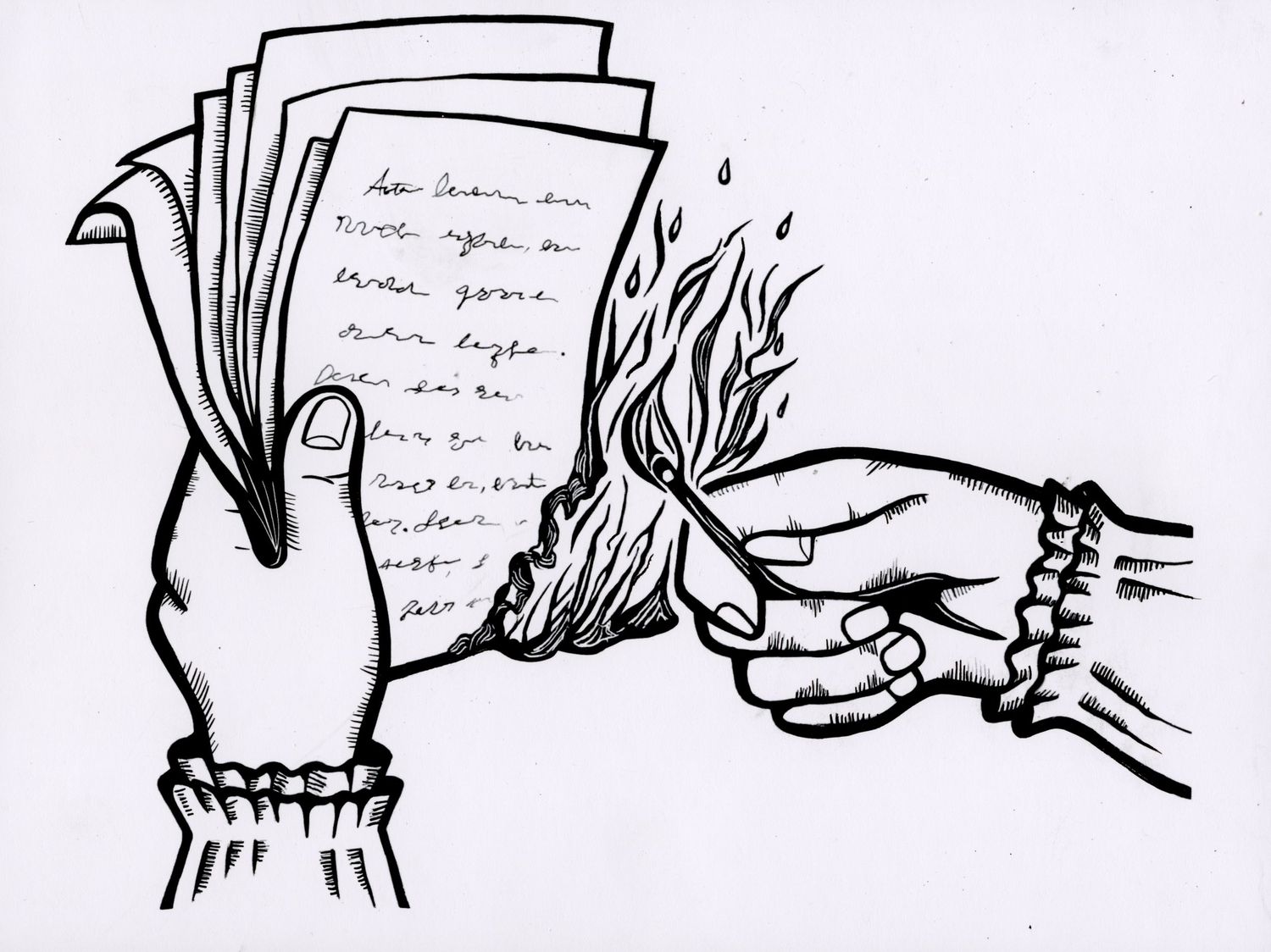 Black and white illustration of two hands, one holding papers and one holding a lit match, burning documents.