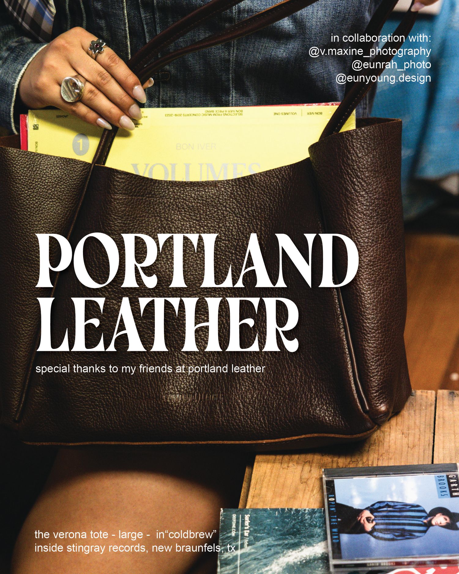 Portland Leather Verona large tote bag in coldbrew stingray at a record store in New Braunfels TX.