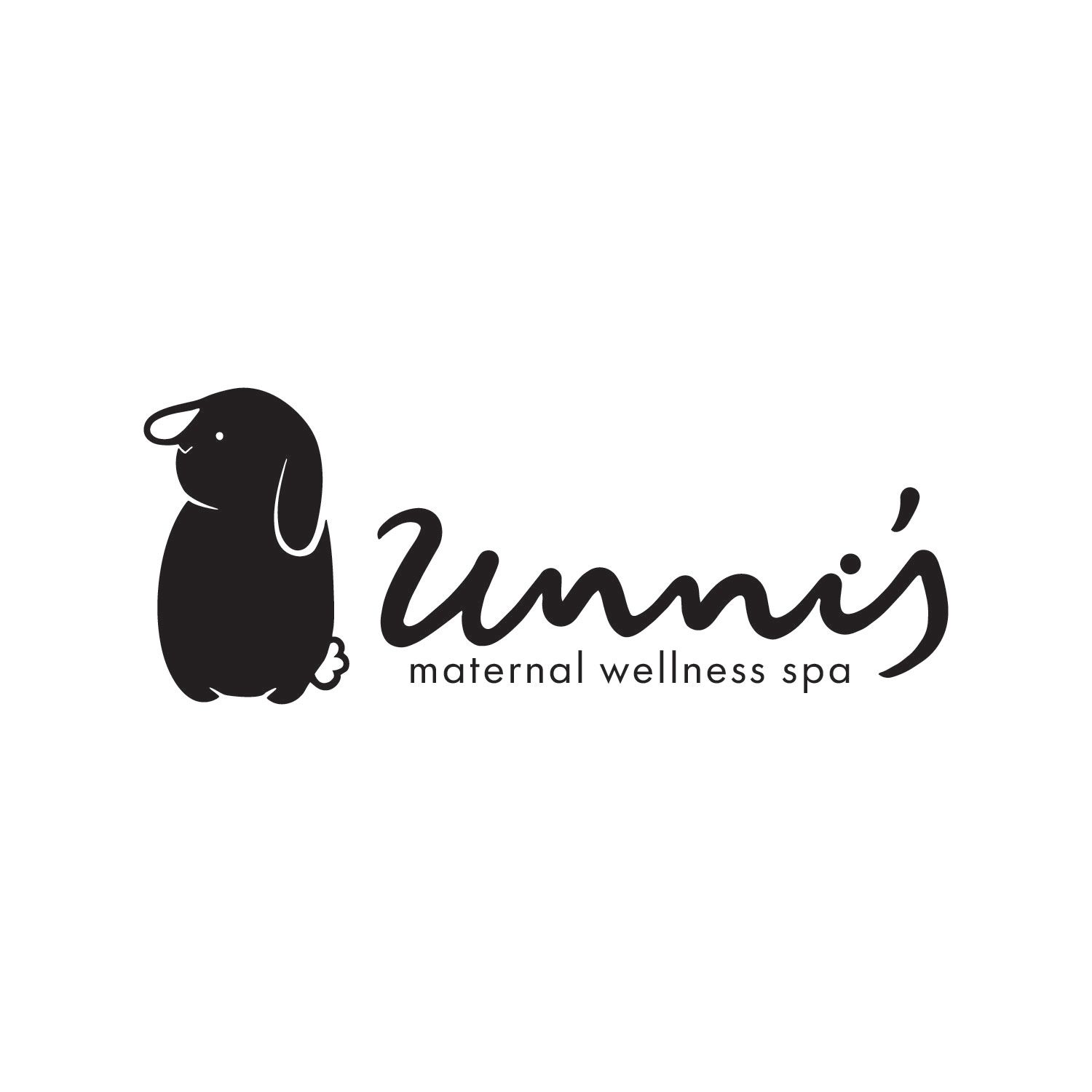 Black silhouette logo of a sitting lop-eared bunny beside the script text Unni's maternal wellness spa.