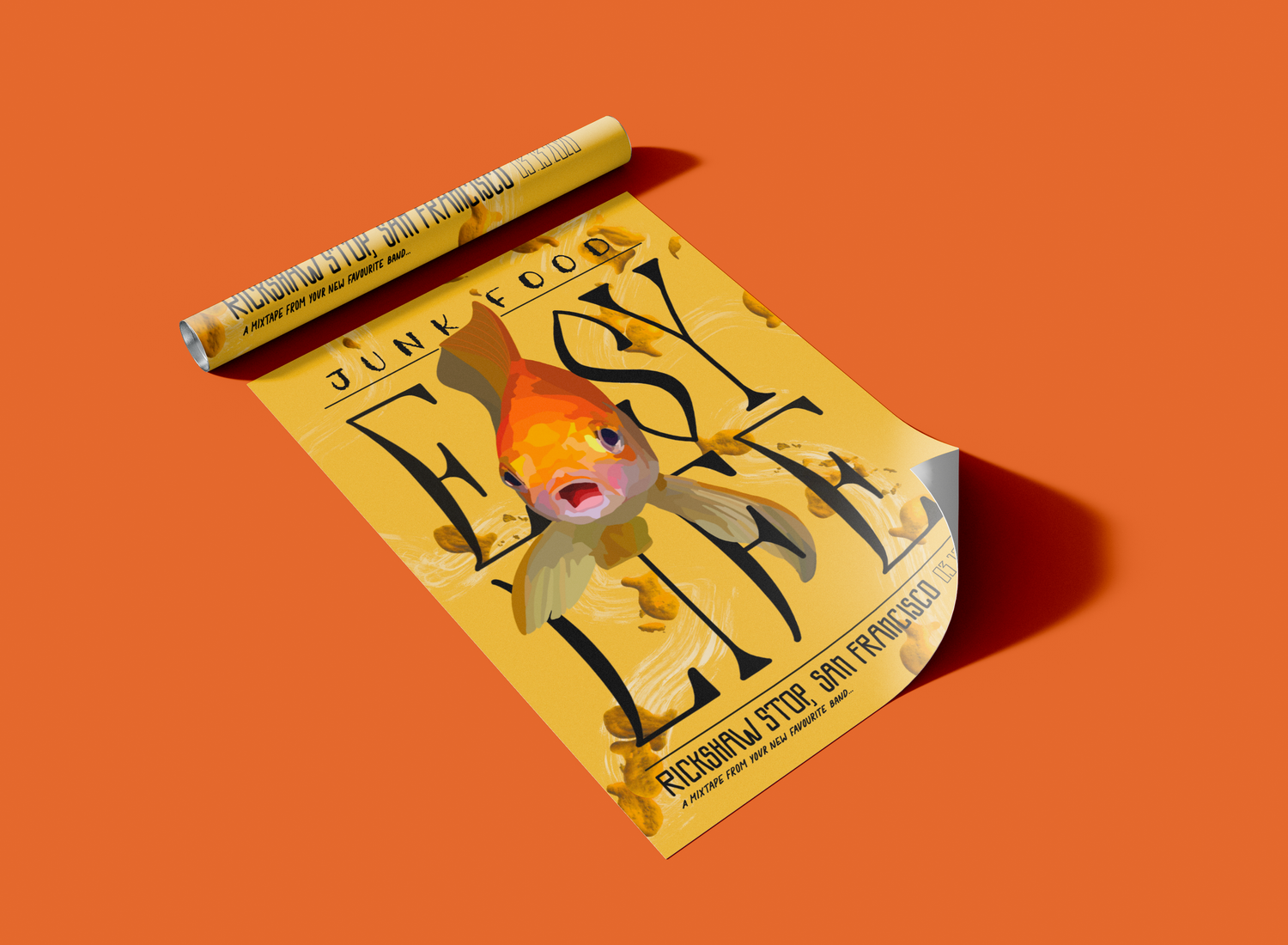 Easy Life Junk Food concert poster mockup on rolled paper featuring goldfish graphic and bold typography.
