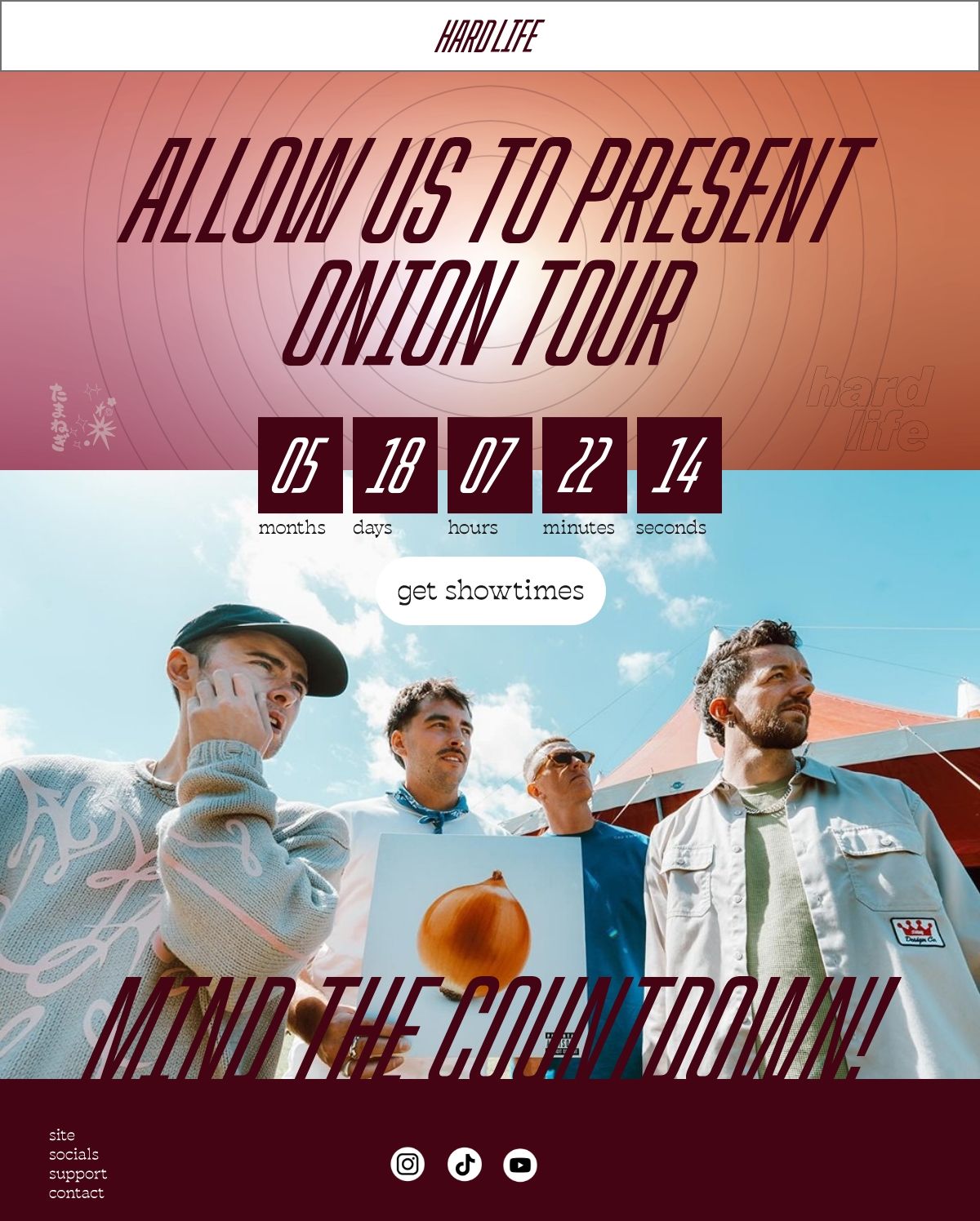 Hard Life Onion Tour concert announcement with countdown timer and band photo.