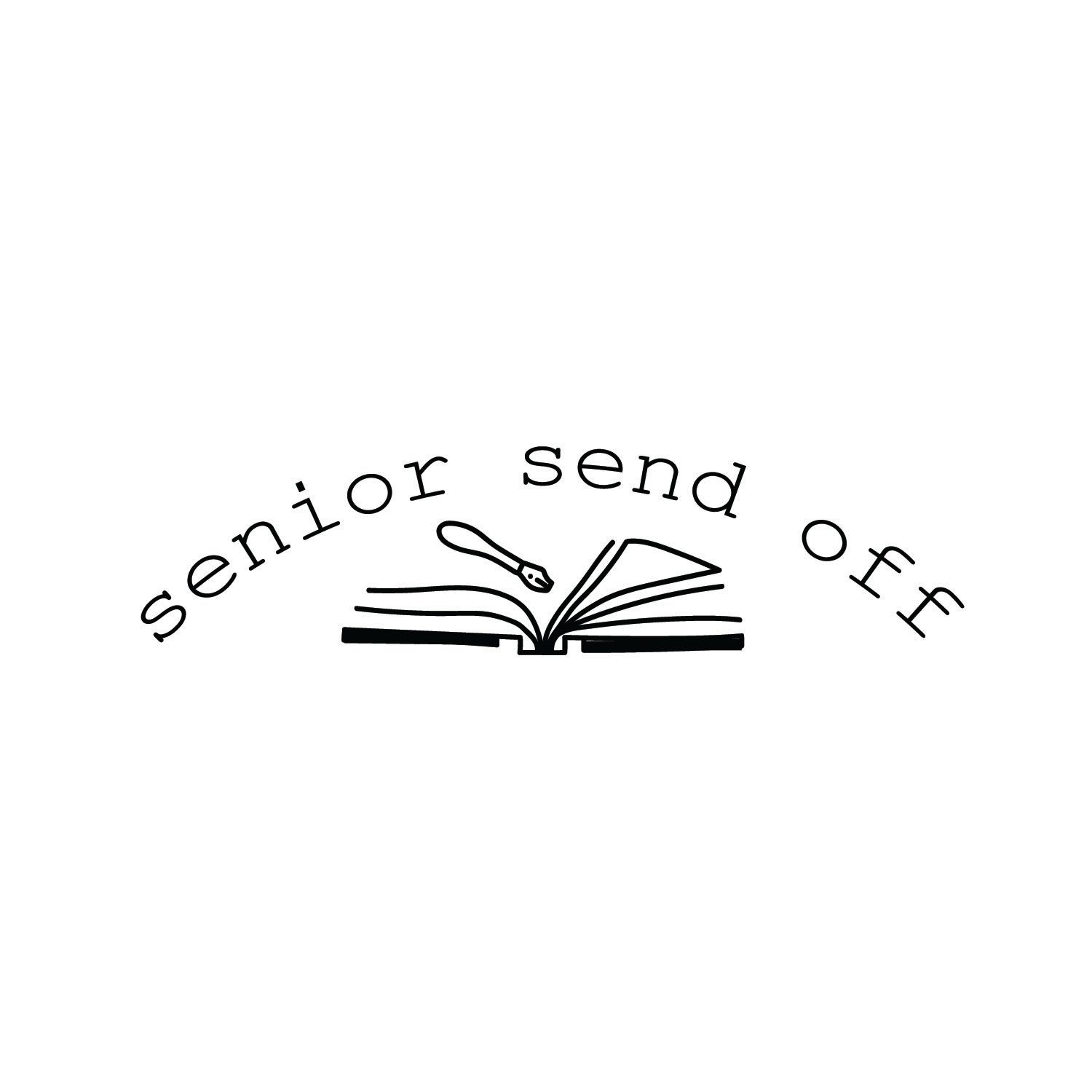 Black and white line drawing of an open book with a pen above it and the curved text senior send off, ideal for graduation party designs.