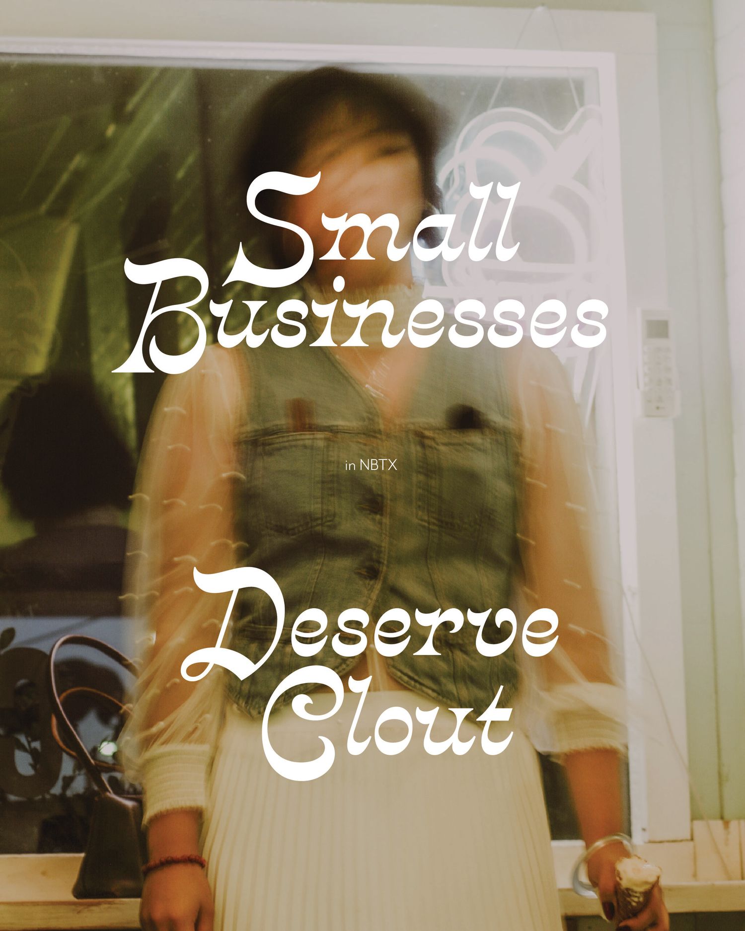 Blurred photo of a person in overalls with bold retro text reading Small Businesses Deserve Clout.