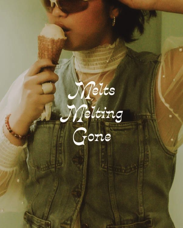 A person in a denim vest enjoys a melting ice cream cone, with text overlay reading Melts Melting Gone.