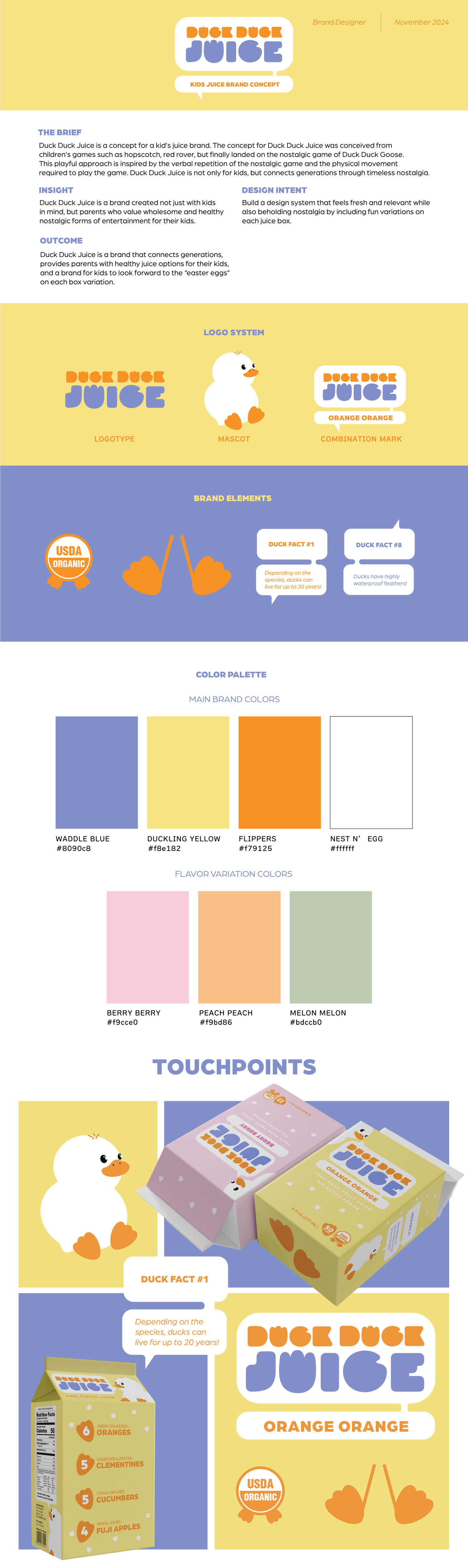 Duck Duck Juice kids brand concept design board featuring logo, color palette, brand elements, and juice box packaging mockups.