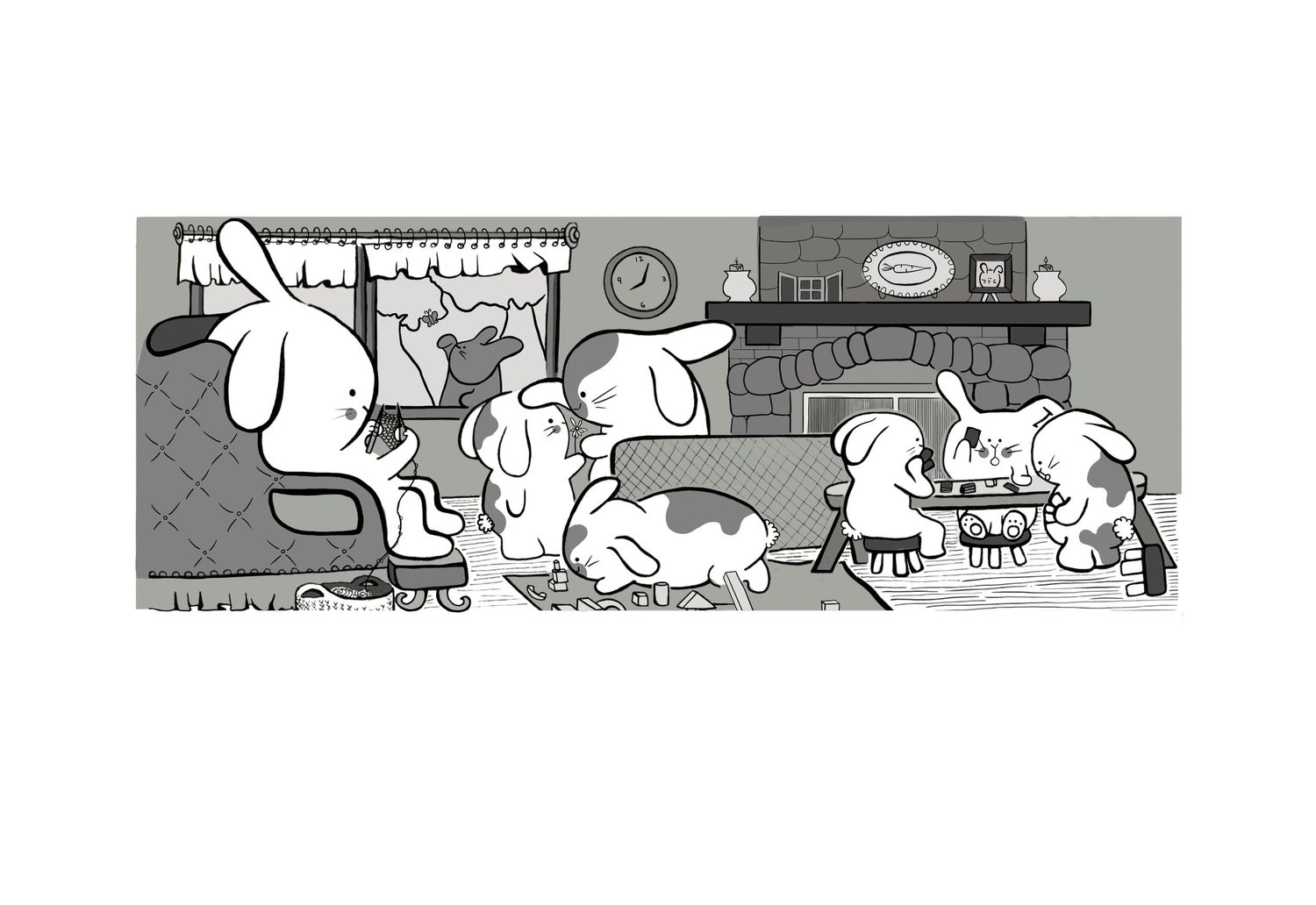 Cartoon rabbits and dogs gather in a cozy living room with a fireplace, illustrated in black and white comic style.