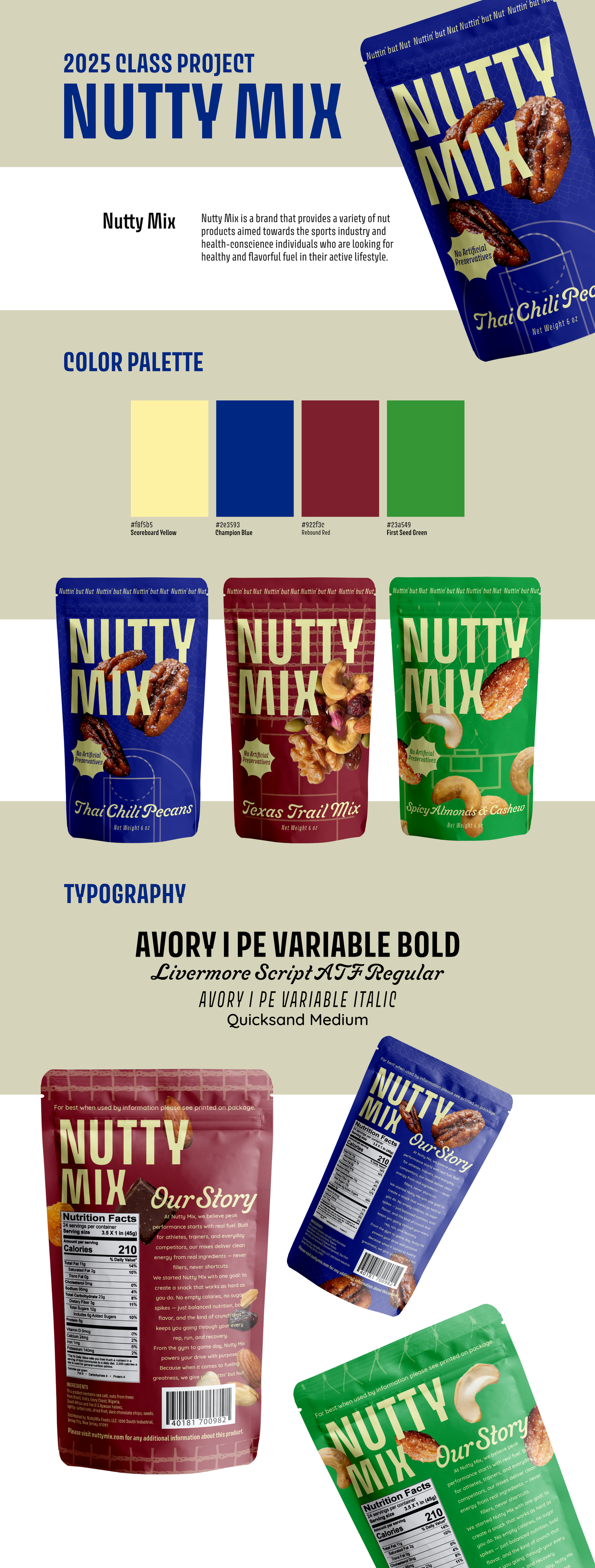 Nutty Mix snack brand design board showing colorful packaging mockups, color palette, and typography for nut products.